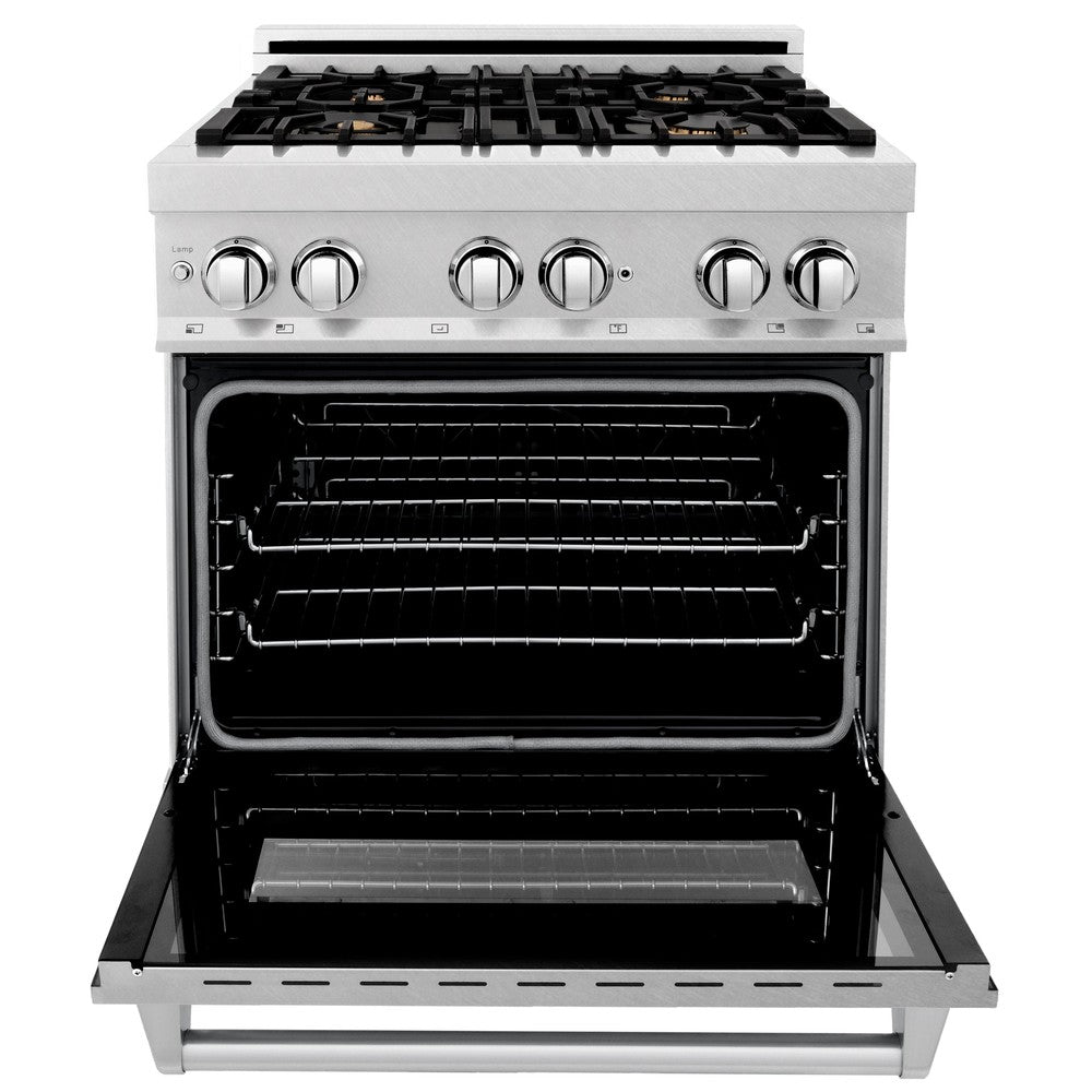 ZLINE 30 in. 4.0 cu. ft. Legacy Dual Fuel Range with Gas Cooktop and Electric Convection Oven in Satin Stainless Steel with 4 Brass Burners and Griddle (RAS-SN-BR-GR-30) front, oven open.