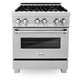 ZLINE 30 in. 4.0 cu. ft. Legacy Dual Fuel Range with Gas Cooktop and Electric Convection Oven in Satin Stainless Steel with 4 Brass Burners and Griddle (RAS-SN-BR-GR-30) front, oven closed.