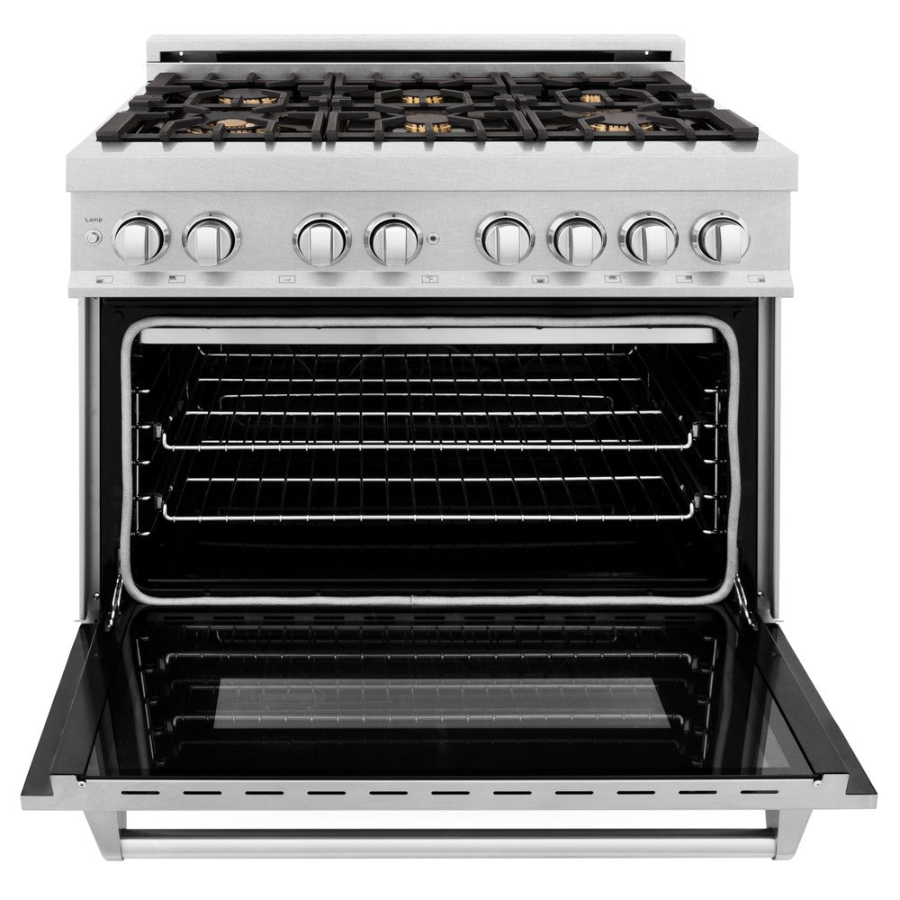 ZLINE 36 in. 4.6 cu. ft. Electric Oven and Gas Cooktop Dual Fuel Range with Griddle and Brass Burners in Fingerprint Resistant Stainless (RAS-SN-BR-GR-36) front, oven open.