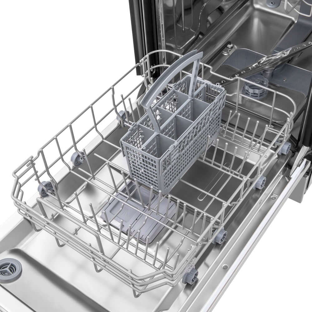 Bottom rack of ZLINE 18 in. Compact Top Control Dishwasher from above.