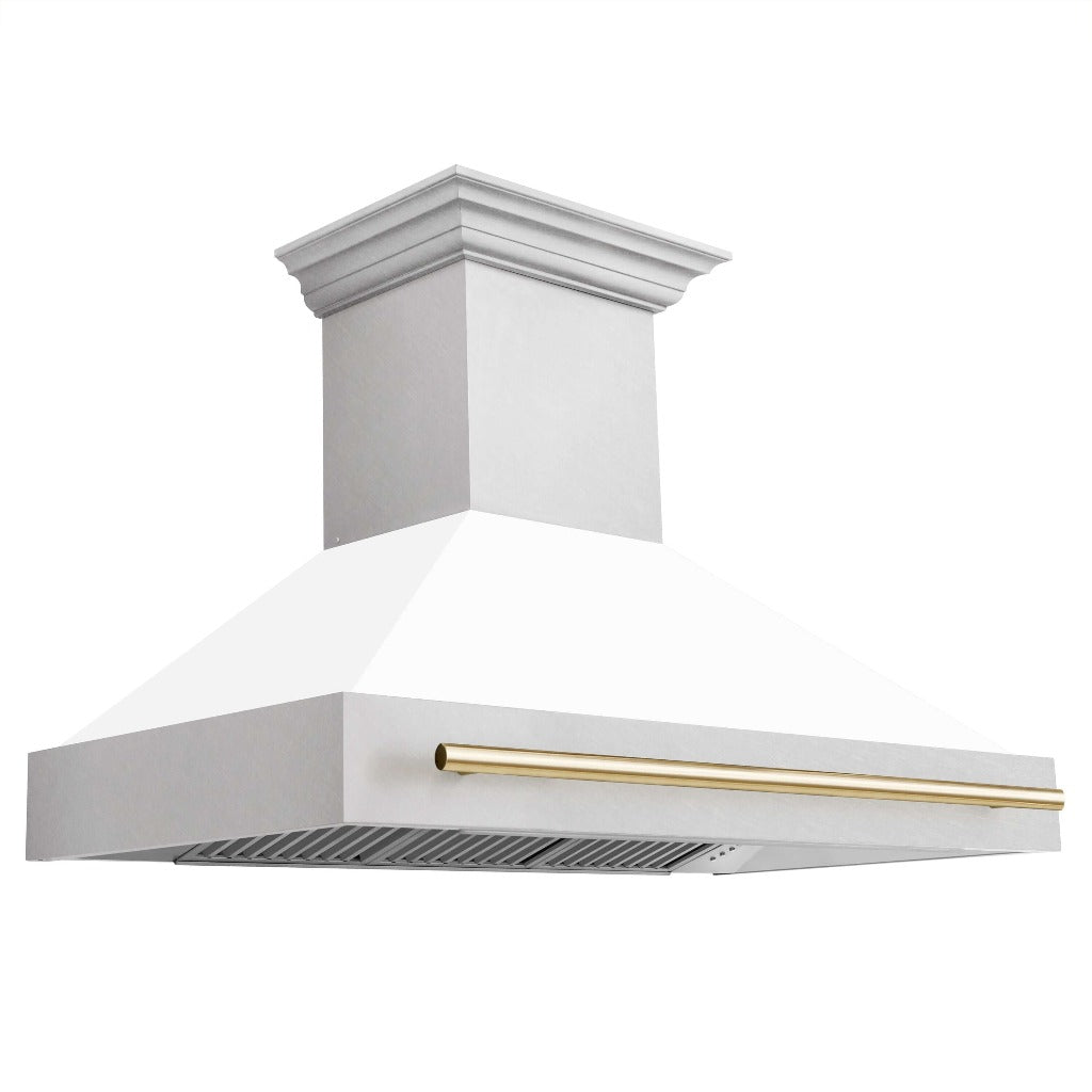 ZLINE Autograph Edition 48 in. Fingerprint Resistant Stainless Steel Range Hood with White Matte Shell and Accented Handle (8654SNZ-WM48) Polished Gold