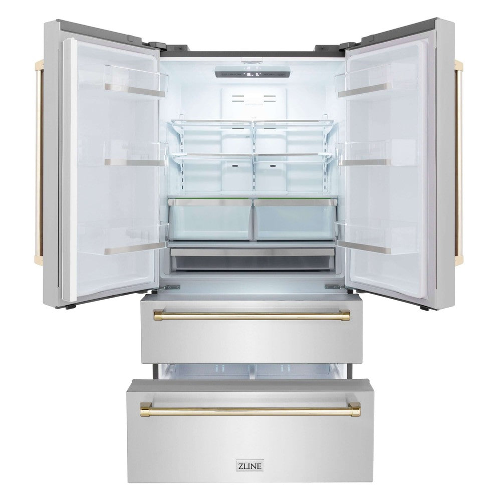 ZLINE 36 in. Freestanding French Door Refrigerator with Ice Maker in Fingerprint Resistant Stainless Steel (RFM-36) front, refrigeration compartment and bottom freezers open.