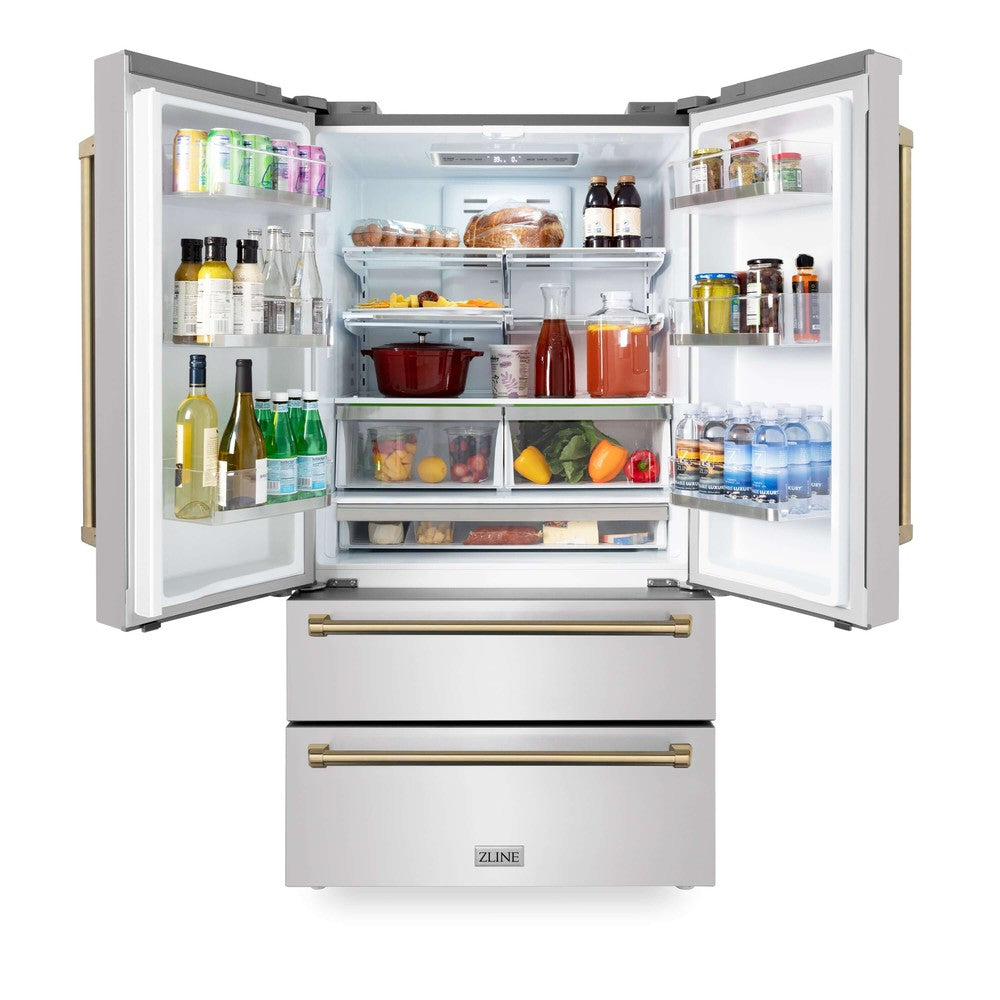 ZLINE 36 in. Autograph Edition French Door Refrigerator in Stainless Steel with Champagne Bronze Accents front with doors open showing food inside illuminated by built-in LED lighting.