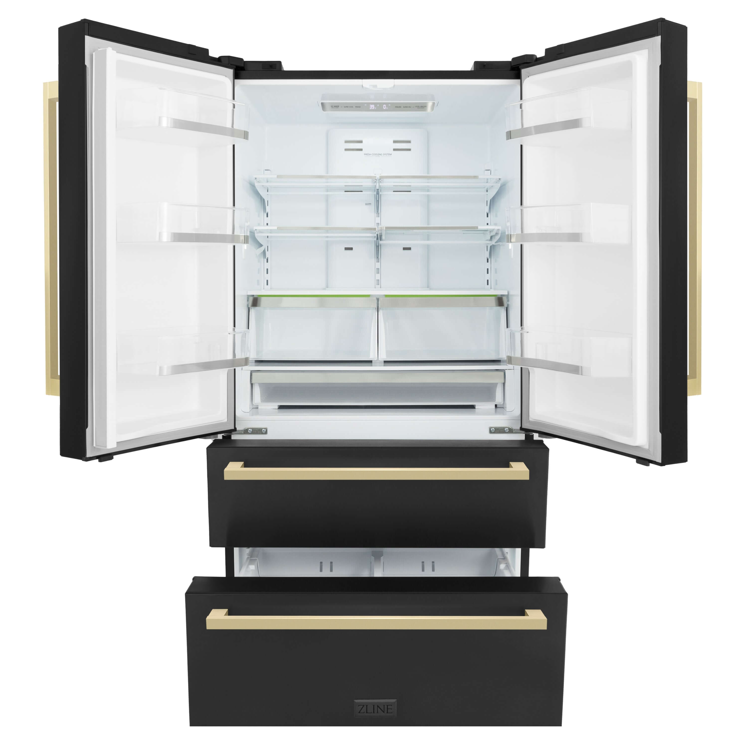 ZLINE Autograph Edition 36 in. 22.5 cu. ft 4-Door French Door Refrigerator with Ice Maker in Black Stainless Steel with Champagne Bronze Square Handles (RFMZ-36-BS-FCB) front, refrigeration compartment and bottom freezers open.