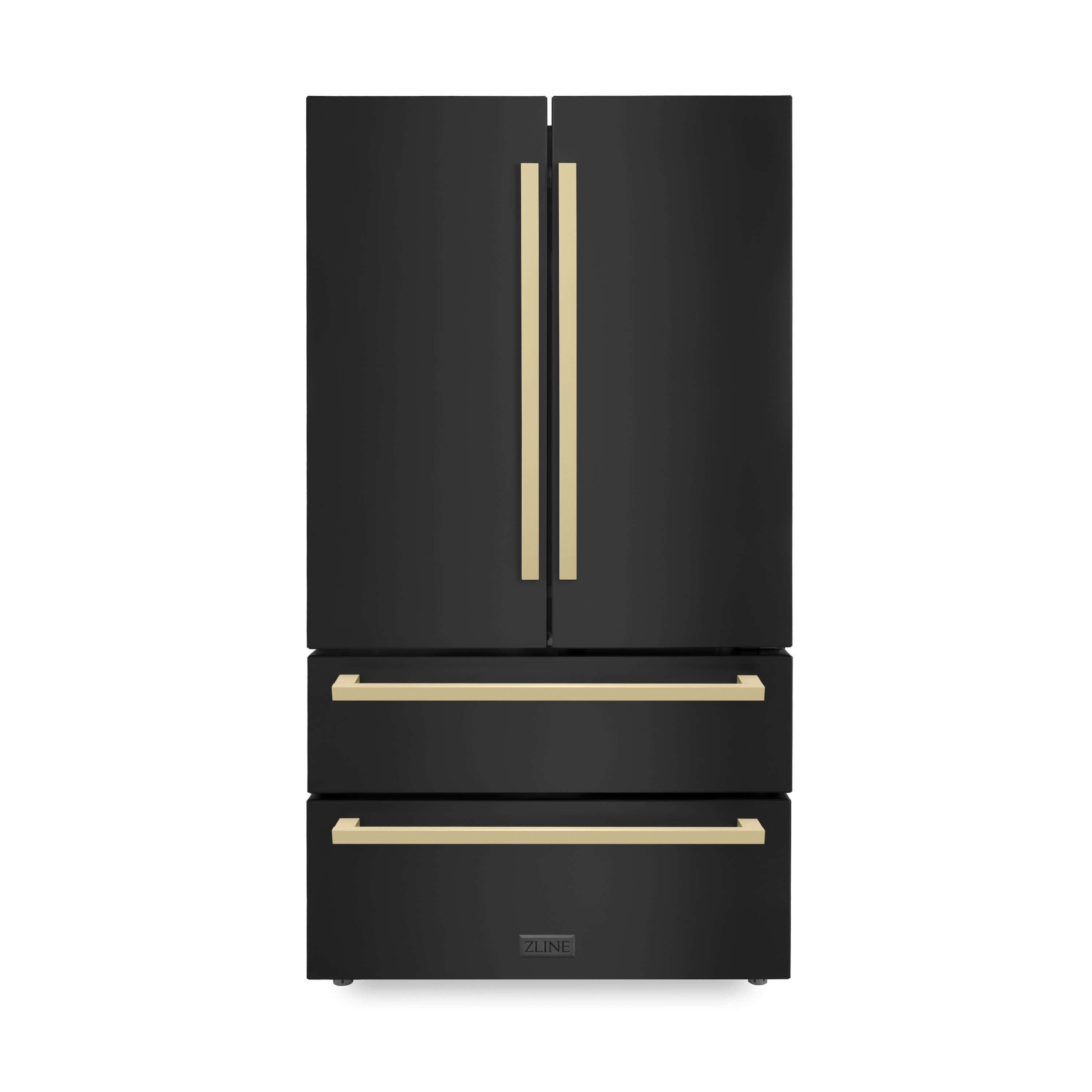ZLINE Autograph Edition 36 in. 22.5 cu. ft 4-Door French Door Refrigerator with Ice Maker in Black Stainless Steel with Champagne Bronze Square Handles (RFMZ-36-BS-FCB) front, closed.