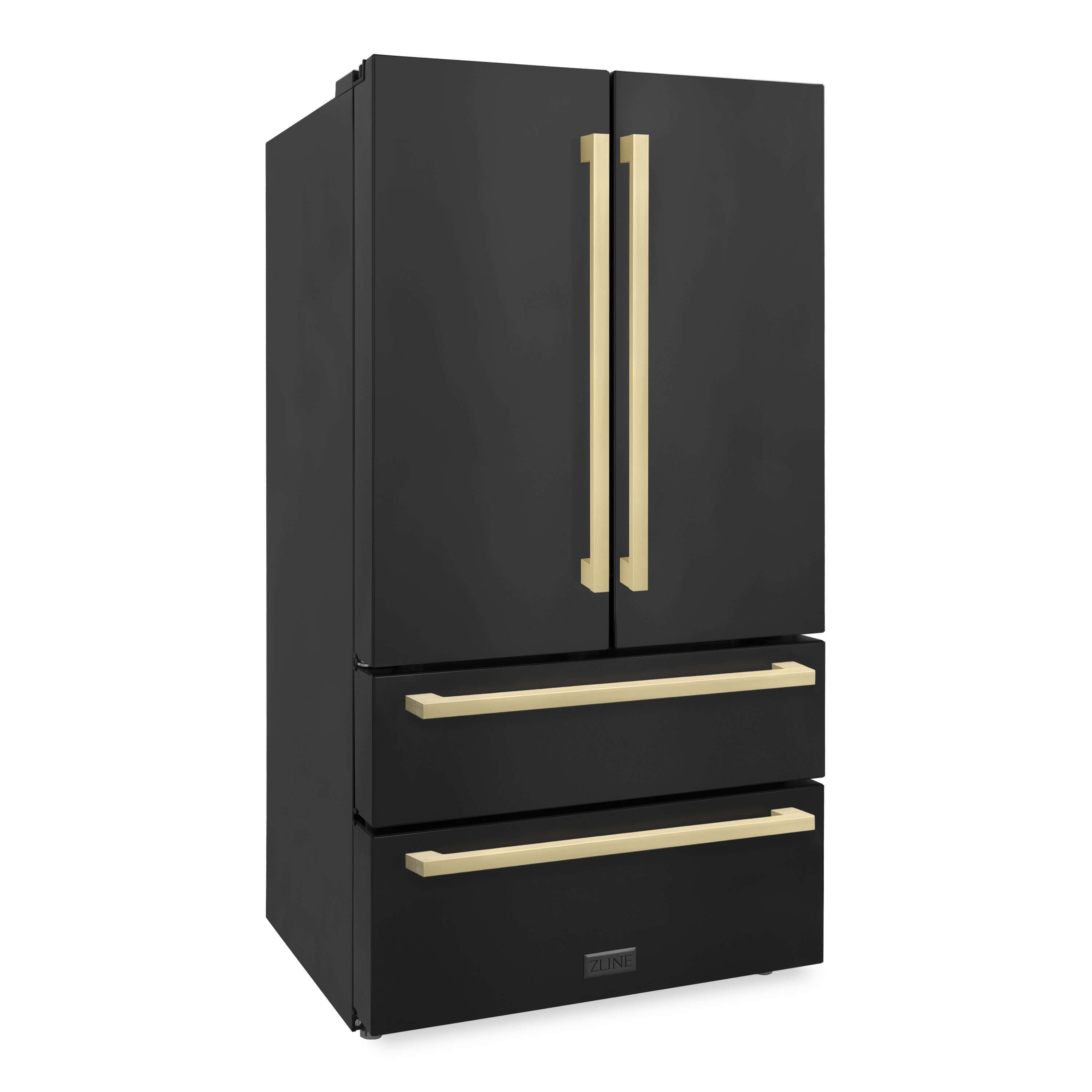 ZLINE Autograph Edition 36 in. 22.5 cu. ft 4-Door French Door Refrigerator with Ice Maker in Black Stainless Steel with Champagne Bronze Square Handles (RFMZ-36-BS-FCB) side, closed.