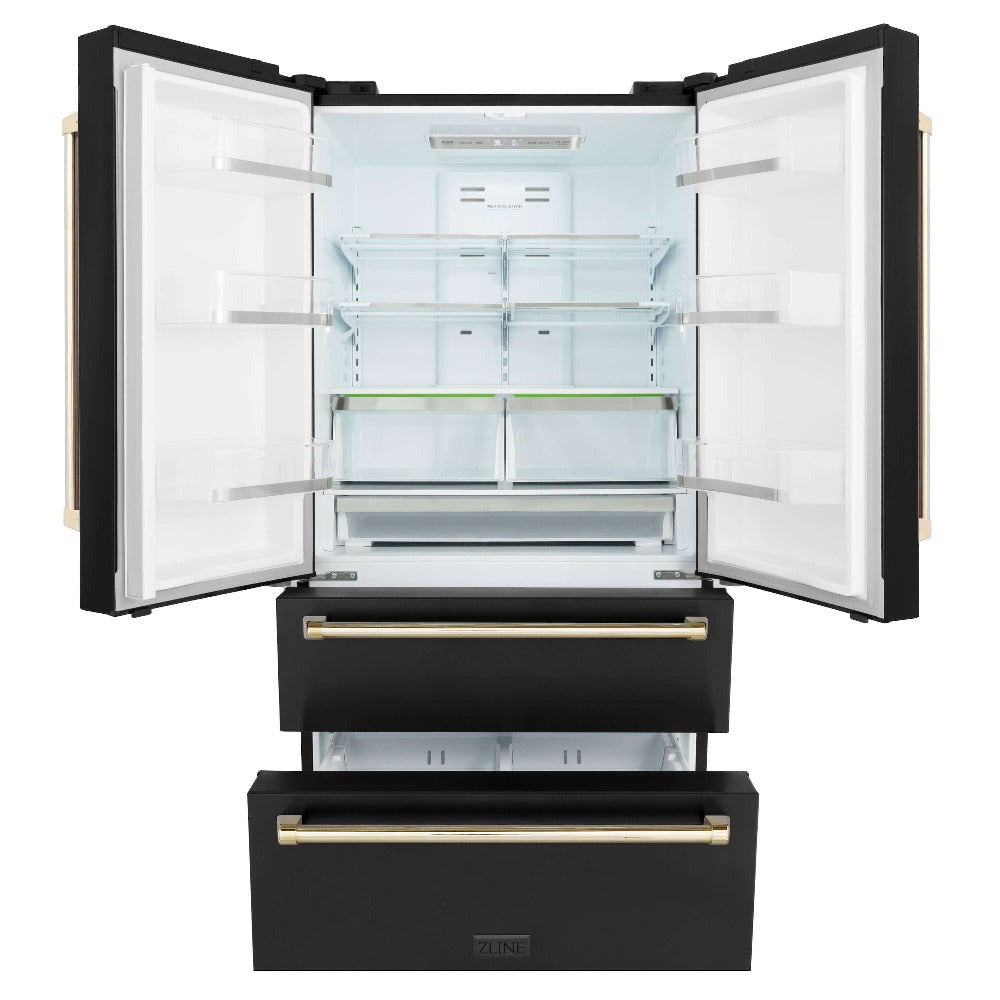 ZLINE Autograph Edition 36 in. 22.5 cu. ft Freestanding French Door Refrigerator with Ice Maker in Fingerprint Resistant Black Stainless Steel with Polished Gold Accents (RFMZ-36-BS-G) front, refrigeration compartment and bottom freezers open.