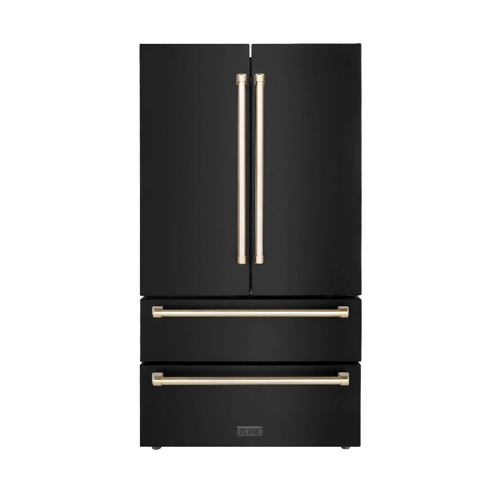 ZLINE Autograph Edition 36 in. 22.5 cu. ft Freestanding French Door Refrigerator with Ice Maker in Fingerprint Resistant Black Stainless Steel with Polished Gold Accents (RFMZ-36-BS-G) front, closed.