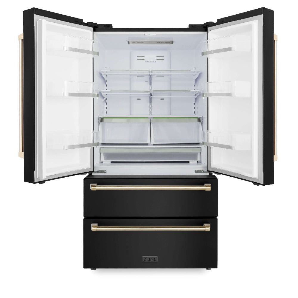 ZLINE Autograph Edition 36 in. 22.5 cu. ft Freestanding French Door Refrigerator with Ice Maker in Fingerprint Resistant Black Stainless Steel with Polished Gold Accents (RFMZ-36-BS-G) front, open.