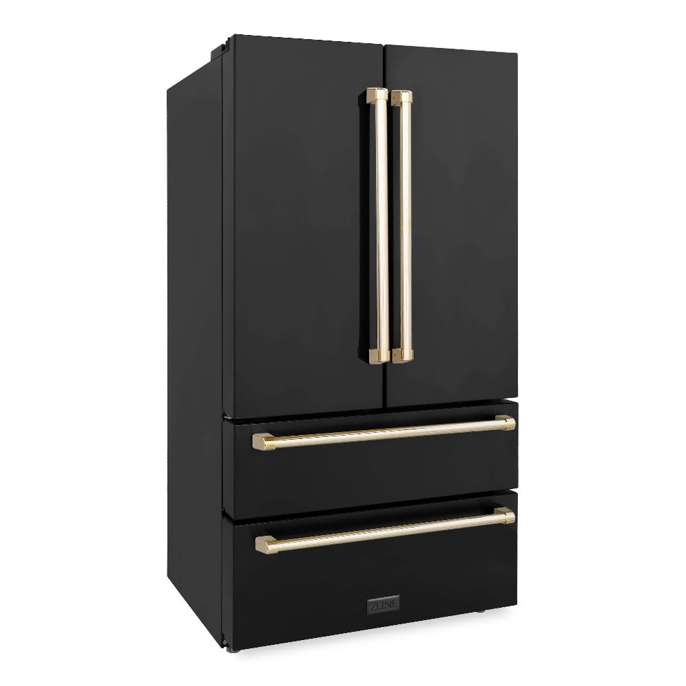 ZLINE Autograph Edition 36 in. 22.5 cu. ft Freestanding French Door Refrigerator with Ice Maker in Fingerprint Resistant Black Stainless Steel with Polished Gold Accents (RFMZ-36-BS-G) side, closed.