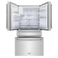 ZLINE 36 in. 21.6 cu. ft Freestanding French Door Fingerprint Resistant Refrigerator with Water and Ice Dispenser and Filter (RFM-W-WF-36) front, refrigeration compartment and bottom freezers open.