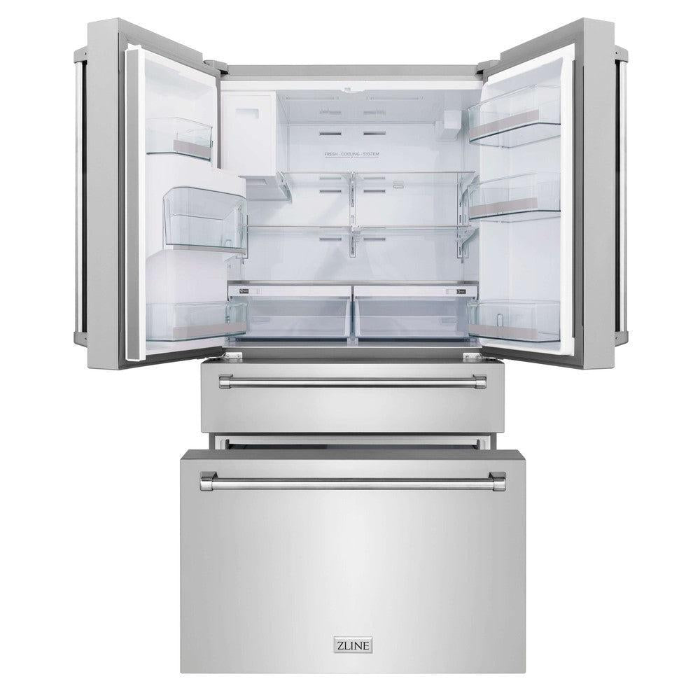 ZLINE 36 in. 21.6 cu. ft Freestanding French Door Fingerprint Resistant Refrigerator with Water and Ice Dispenser and Filter (RFM-W-WF-36) front, refrigeration compartment and bottom freezers open.