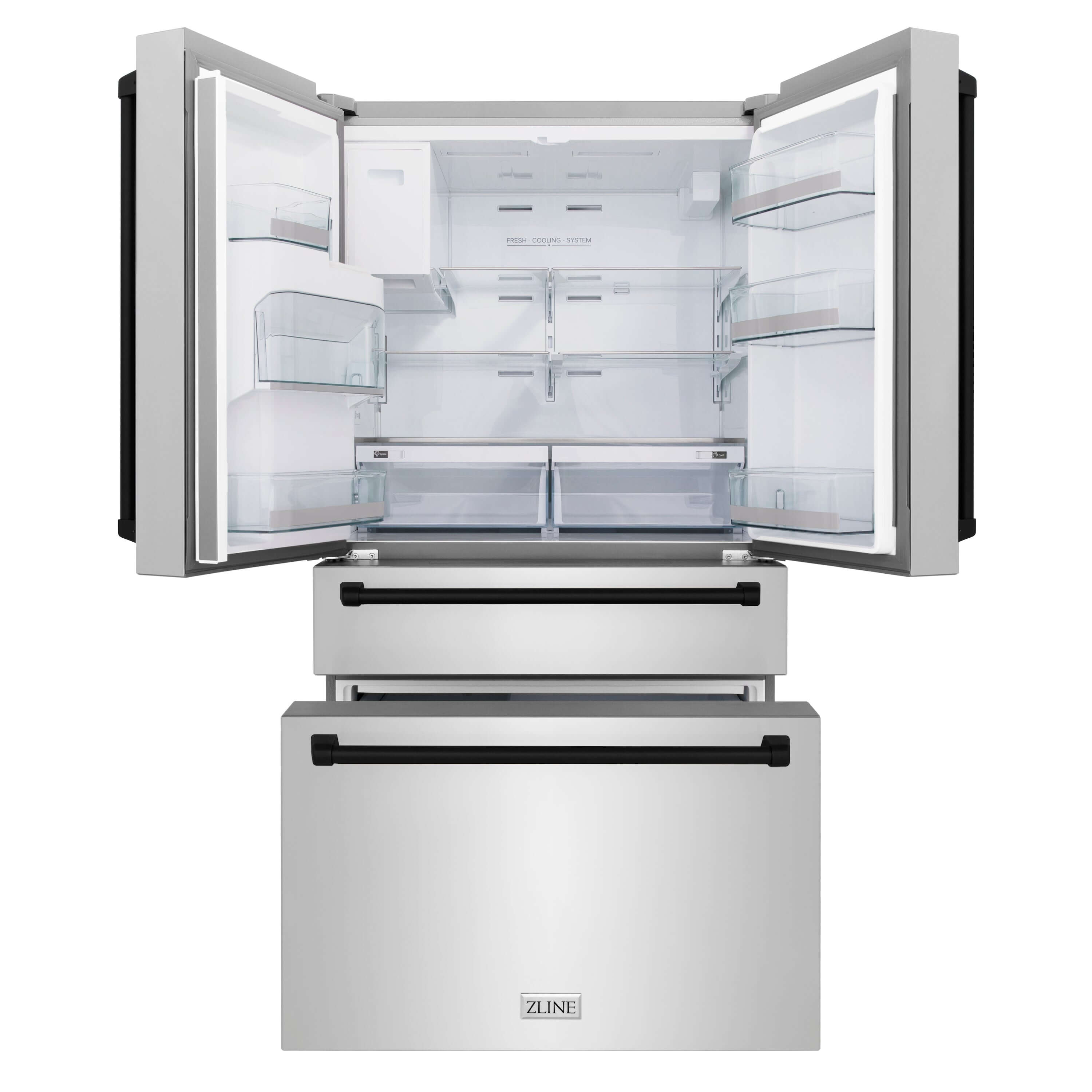 ZLINE 36 in. Freestanding French Door Refrigerator front with doors and bottom freezer drawers open and internal LED lights on.