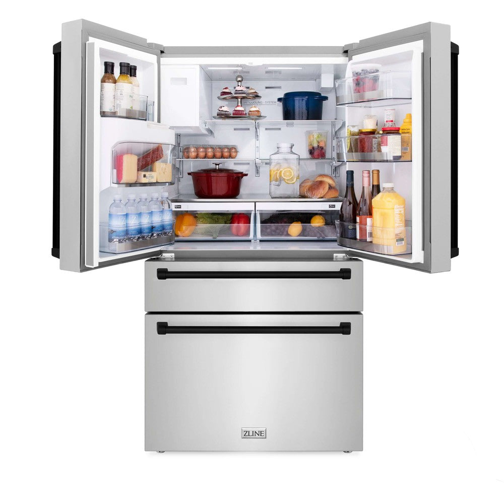 ZLINE 36 in. Freestanding French Door Refrigerator with doors open showing food inside illuminated by built-in LED lighting.