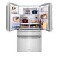 ZLINE 36 in. 21.6 cu. ft Freestanding French Door Fingerprint Resistant Refrigerator with Water and Ice Dispenser and Filter (RFM-W-WF-36) front, open with food on adjustable shelving inside refrigeration compartment.