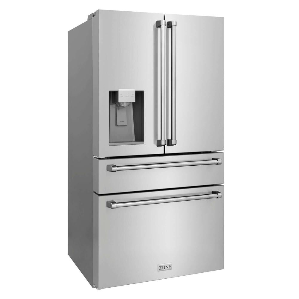 ZLINE 36 in. 21.6 cu. ft Freestanding French Door Fingerprint Resistant Refrigerator with Water and Ice Dispenser and Filter (RFM-W-WF-36) side, closed.