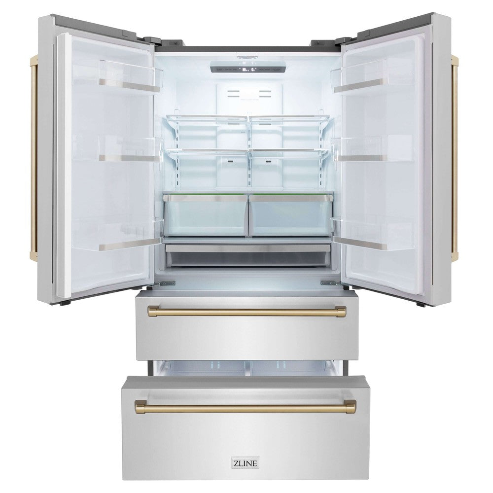 ZLINE 36 in. Autograph Edition French Door Refrigerator in Stainless Steel with Champagne Bronze Accents front with doors and bottom freezer drawers open and internal LED lights on.