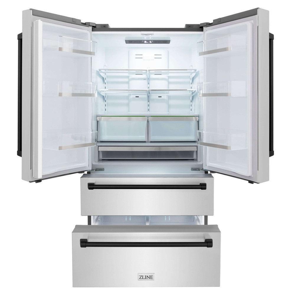 ZLINE Autograph Edition 36 in. 22.5 cu. ft Freestanding French Door Refrigerator with Ice Maker in Fingerprint Resistant Stainless Steel with Matte Black Accents (RFMZ-36-MB) front, refrigeration compartment and bottom freezers open.