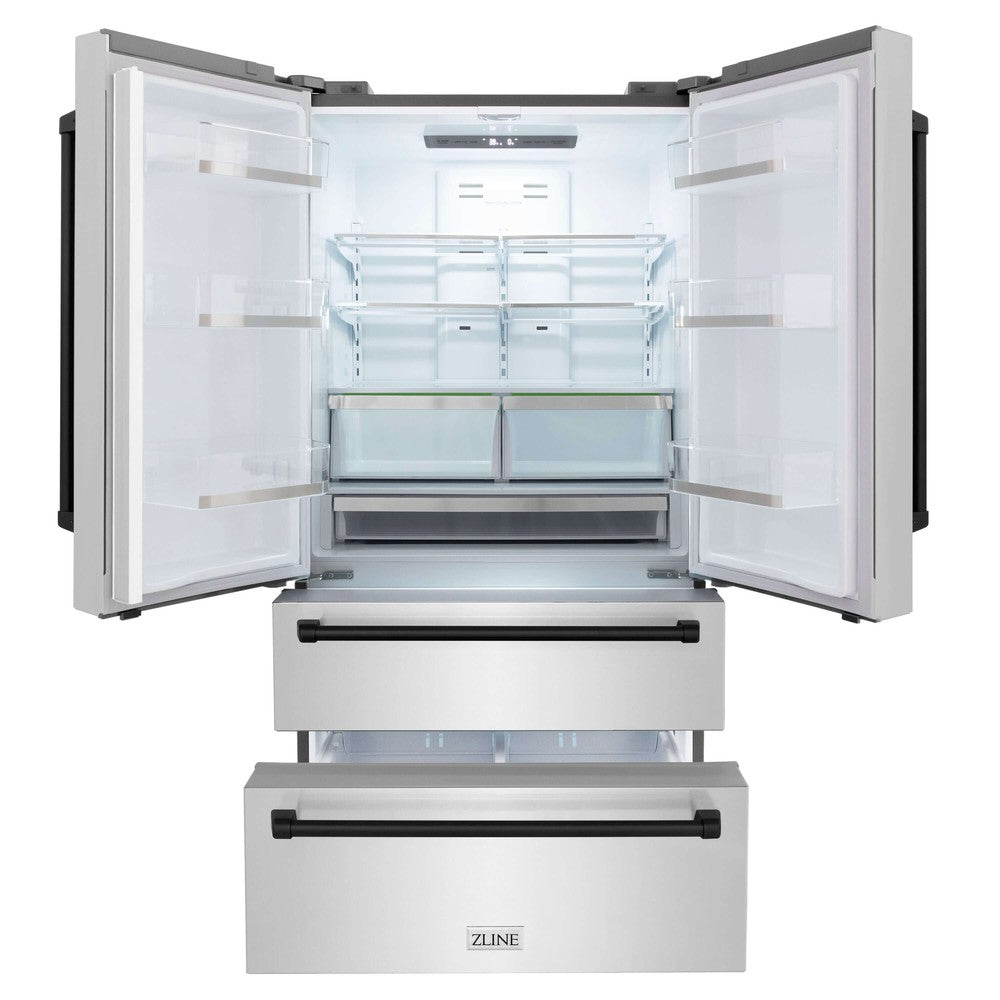 ZLINE 36 in. Freestanding French Door Refrigerator front with doors and bottom freezer drawers open and internal LED lights on.