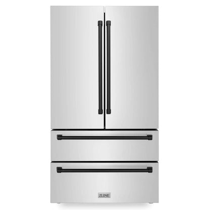 ZLINE Autograph Edition 36 in. 22.5 cu. ft Freestanding French Door Refrigerator with Ice Maker in Fingerprint Resistant Stainless Steel with Matte Black Accents (RFMZ-36-MB) front, closed.