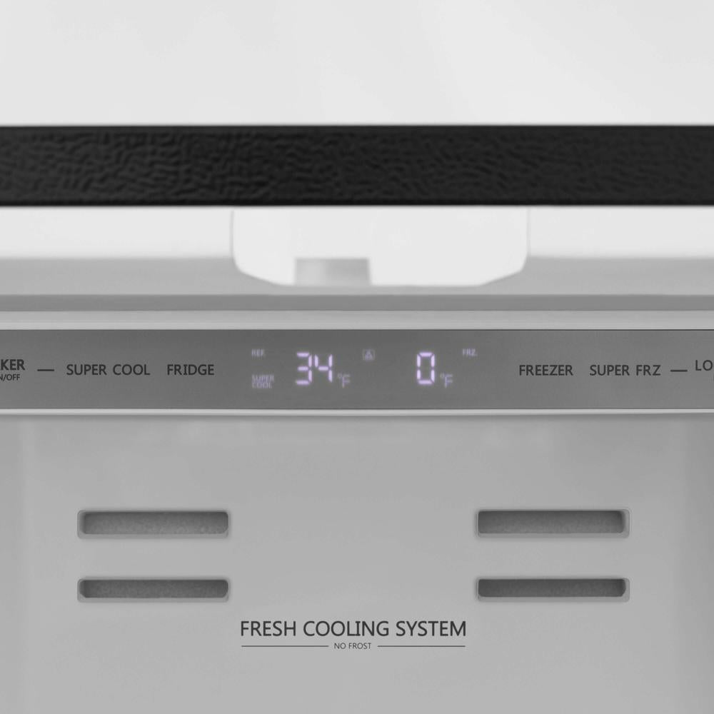 ZLINE Autograph Edition 36 in. 22.5 cu. ft Freestanding French Door Refrigerator with Ice Maker in Fingerprint Resistant Stainless Steel with Matte Black Accents (RFMZ-36-MB) close-up, adjustable refrigerator temperature and adjustable freezer temperature controls.