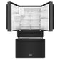 ZLINE 36 in. 21.6 cu. ft Freestanding French Door Fingerprint Resistant Black Stainless Steel Refrigerator with External Water and Ice Dispenser with Filter (RFM-W-WF-36-BS) front, refrigeration compartment and bottom freezers open.