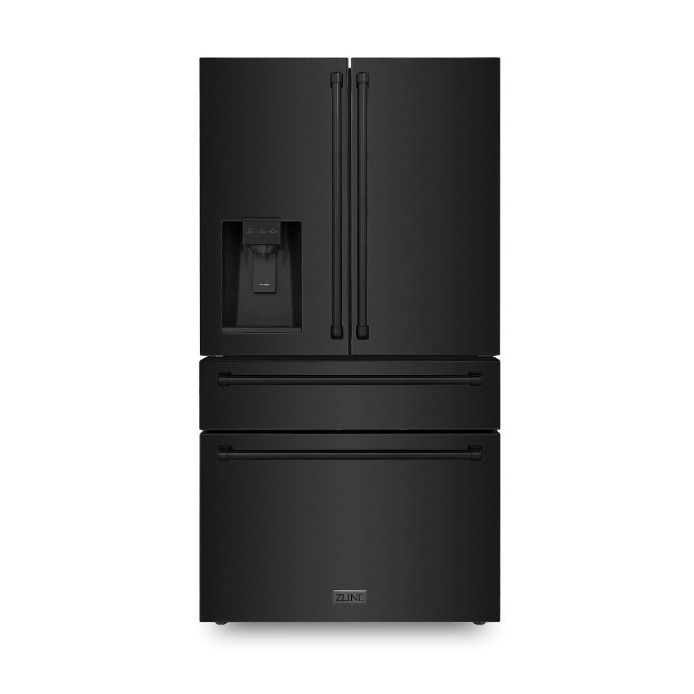 ZLINE 36 in. 21.6 cu. ft Freestanding French Door Fingerprint Resistant Black Stainless Steel Refrigerator with External Water and Ice Dispenser with Filter (RFM-W-WF-36-BS) front, closed.