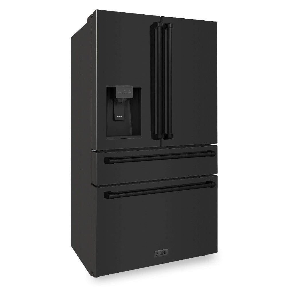ZLINE 36 in. 21.6 cu. ft Freestanding French Door Fingerprint Resistant Black Stainless Steel Refrigerator with External Water and Ice Dispenser with Filter (RFM-W-WF-36-BS) side, closed.