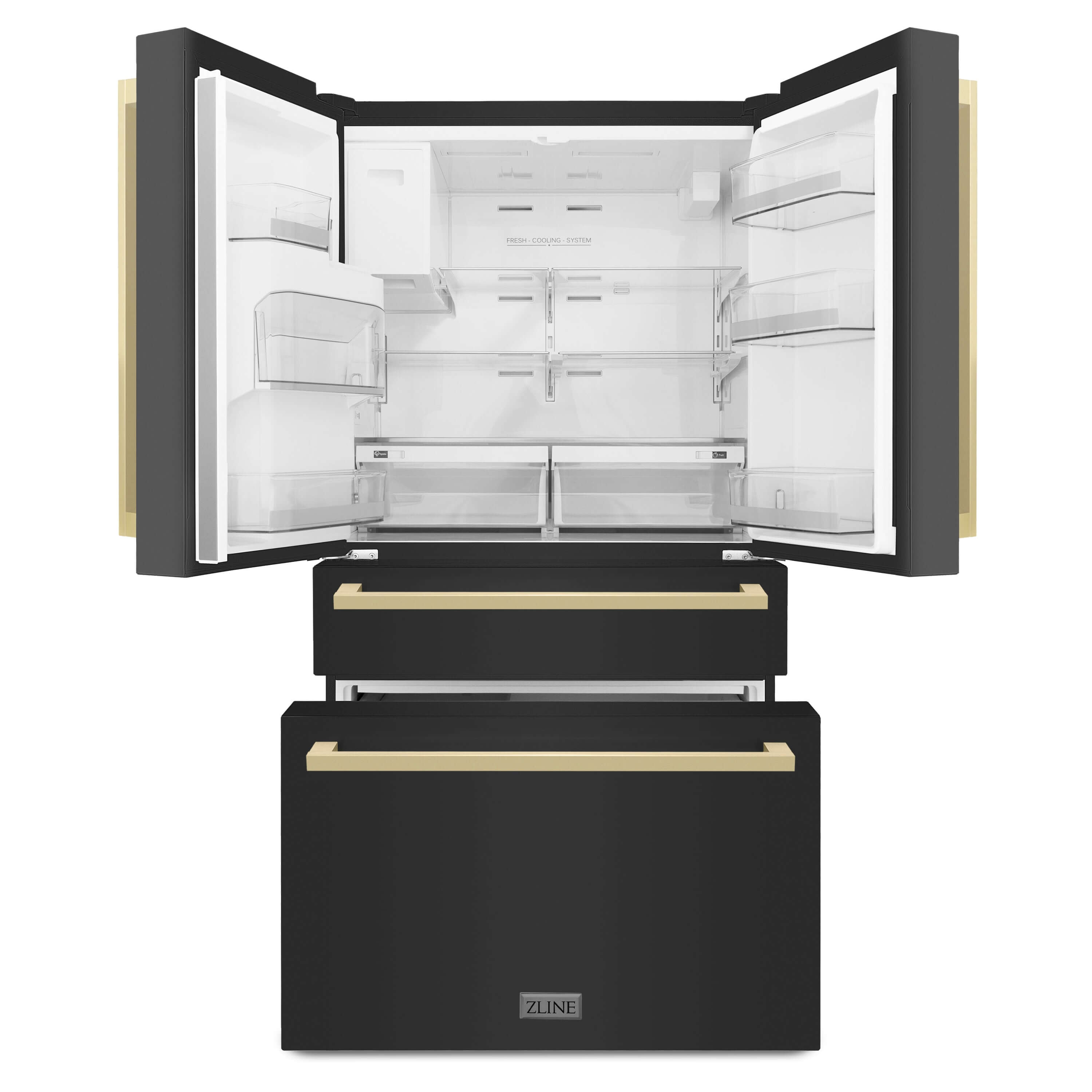 ZLINE 36 in. Black Stainless Steel French Door Refrigerator front with doors and bottom freezer drawers open and internal LED lights on.