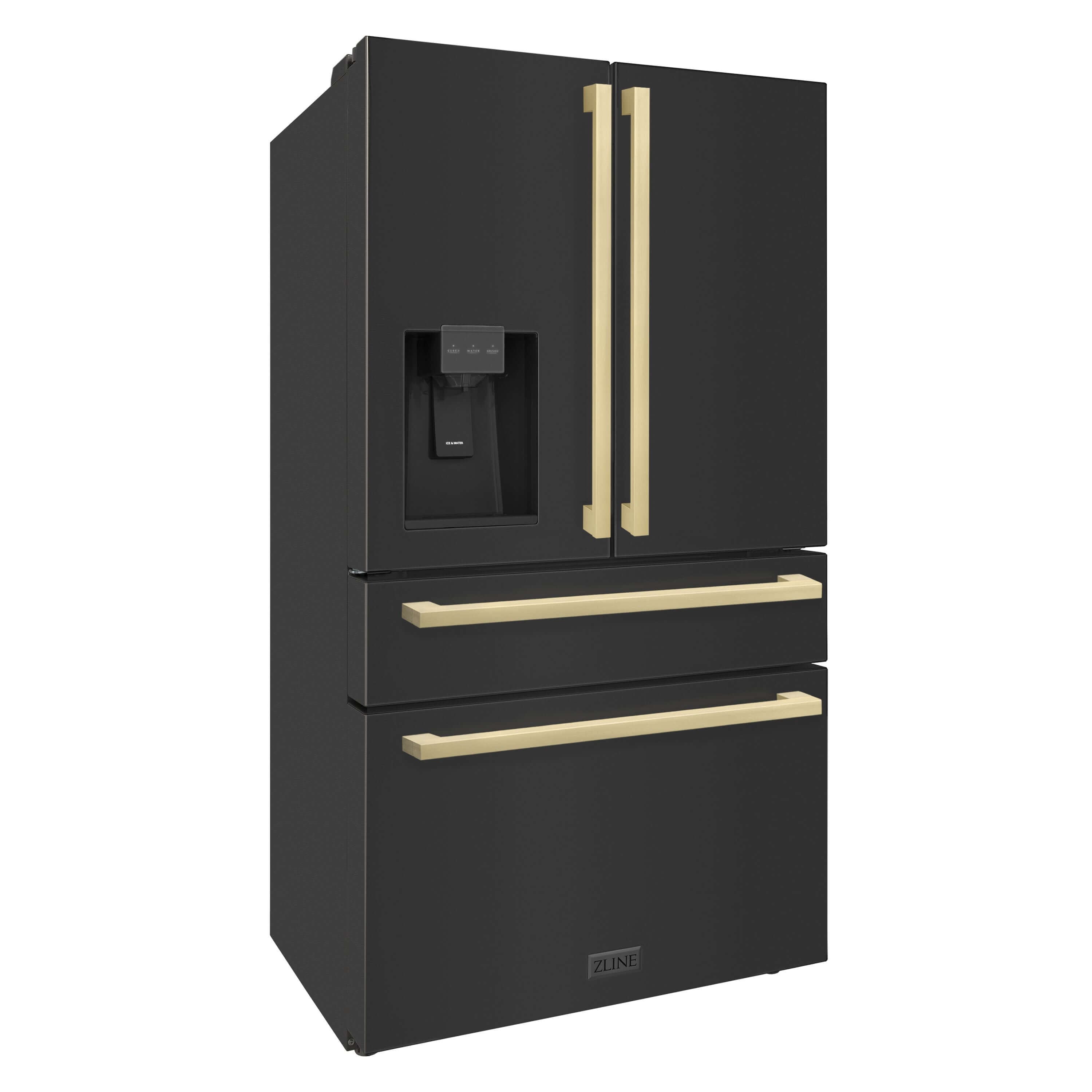 ZLINE 36 in. Autograph Edition 21.6 cu. ft 4-Door French Door Refrigerator with Water and Ice Dispenser in Black Stainless Steel with Champagne Bronze Square Handles (RFMZ-W36-BS-FCB)