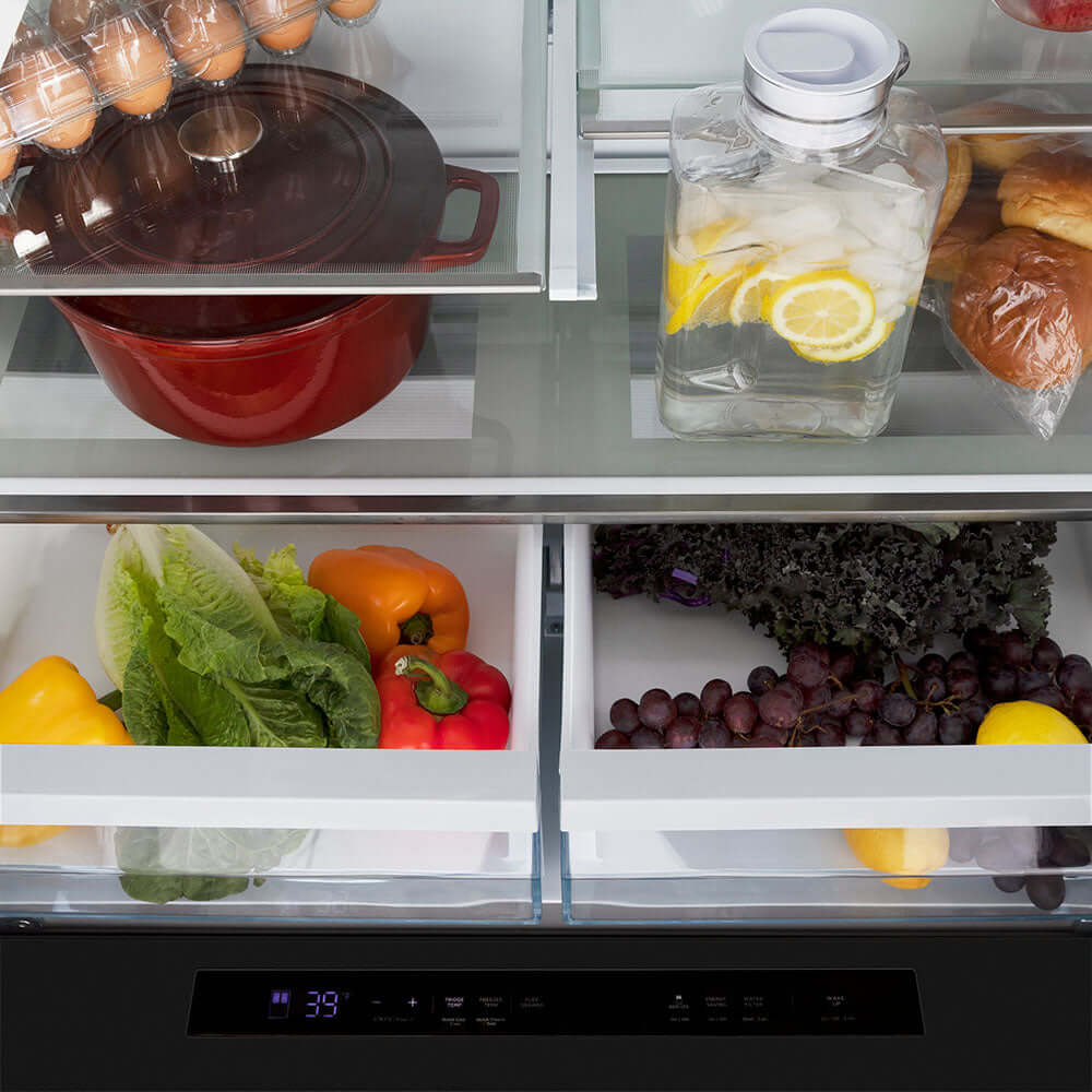 Food inside refrigerator space and drawers