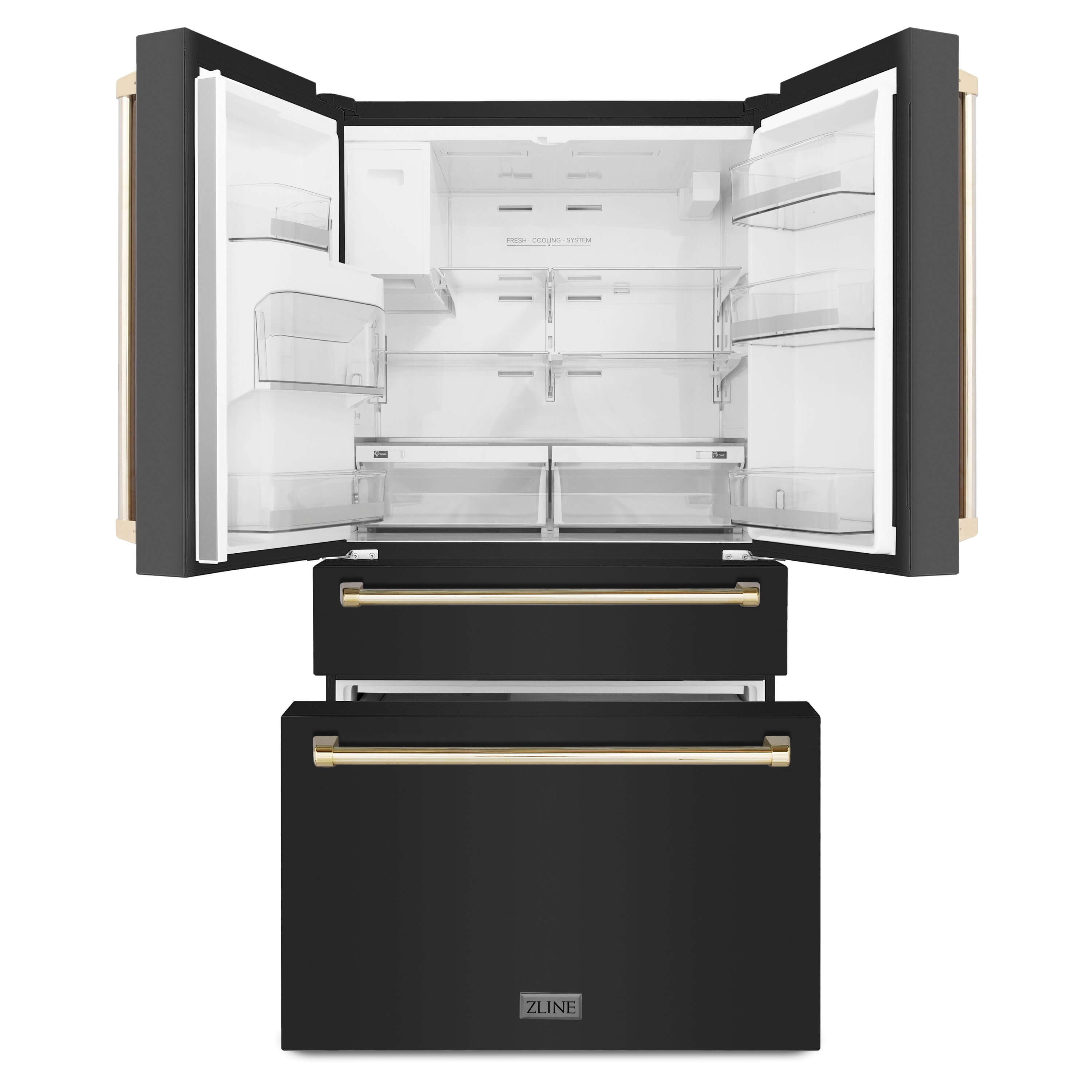ZLINE 36 in. Black Stainless Steel French Door Refrigerator front with Polished Gold handles front doors and bottom freezer drawers open and internal LED lights on.