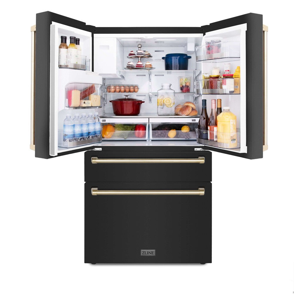 ZLINE 36 in. Black Stainless Steel French Door Refrigerator with Polished Gold handles  doors open showing food inside illuminated by built-in LED lighting.