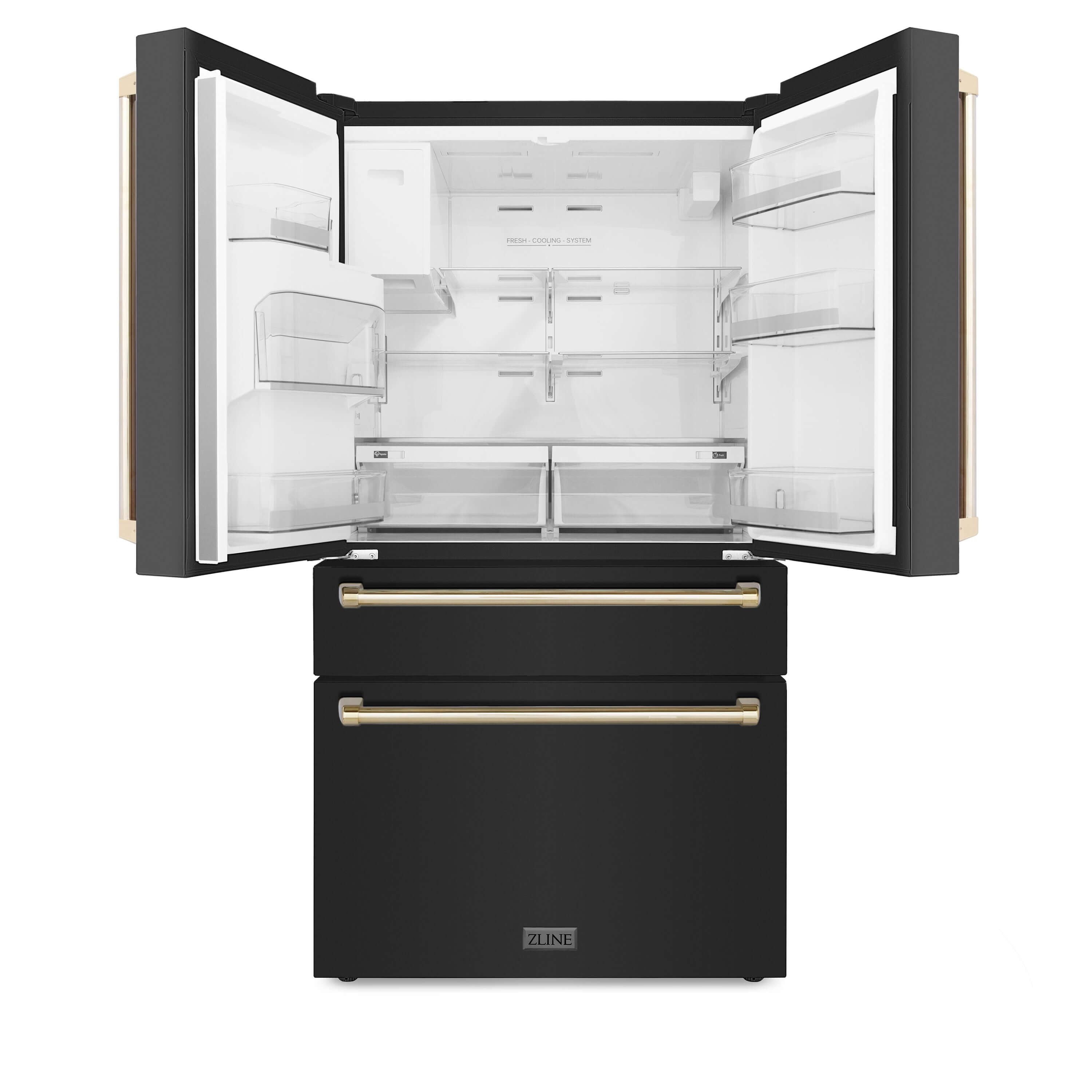 ZLINE Autograph Edition 36" French Door Refrigerator in Black Stainless Steel with Polished Gold accent handles front with doors and drawers open.