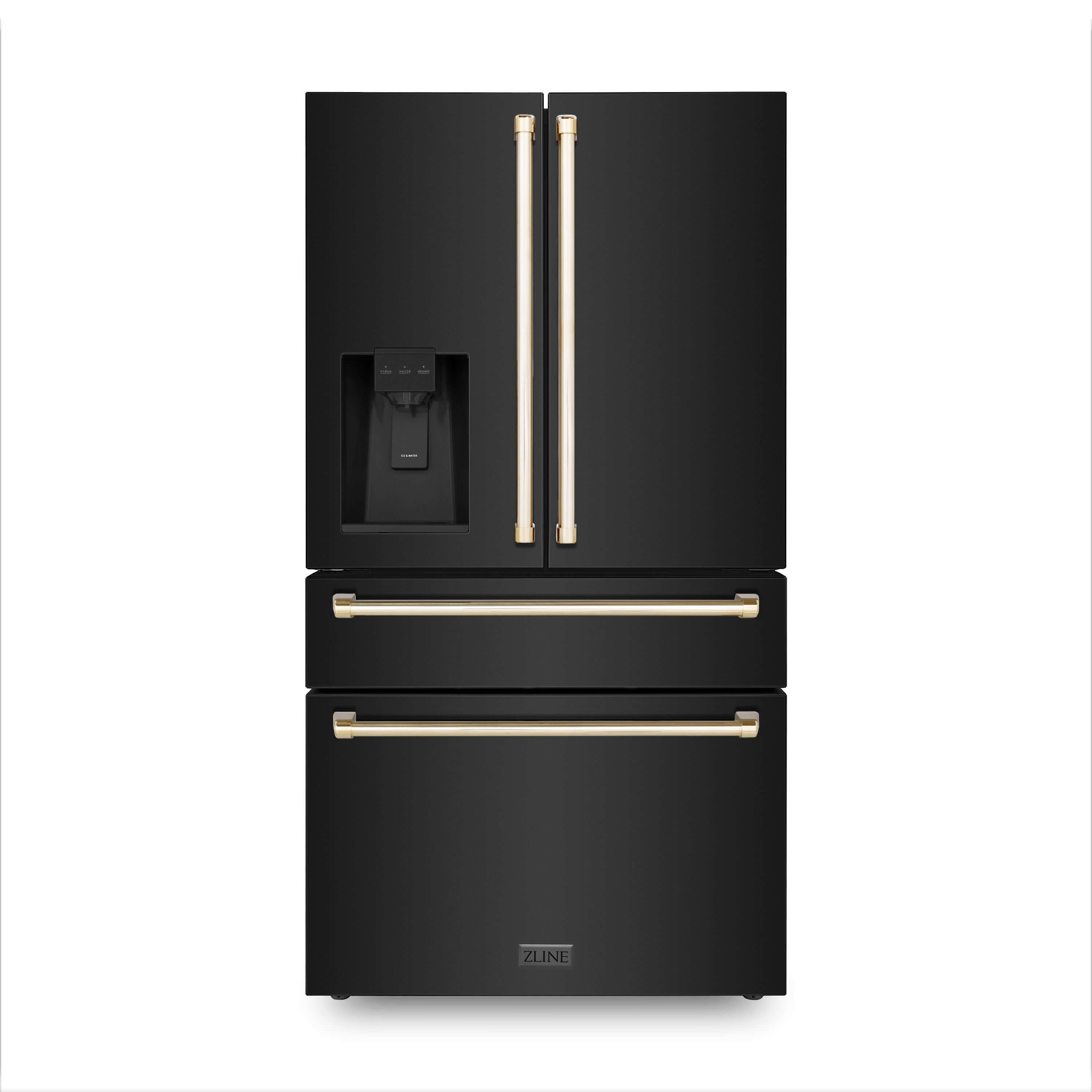 ZLINE 36 in. Autograph Edition Black Stainless Steel French Door Refrigerator with external water and ice dispenser with Polished Gold handles front.