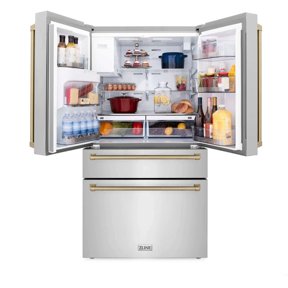 ZLINE 36 in. Freestanding French Door Refrigerator with Ice Maker in Fingerprint Resistant Stainless Steel (RFM-36) front, open with food on adjustable shelving inside refrigeration compartment.