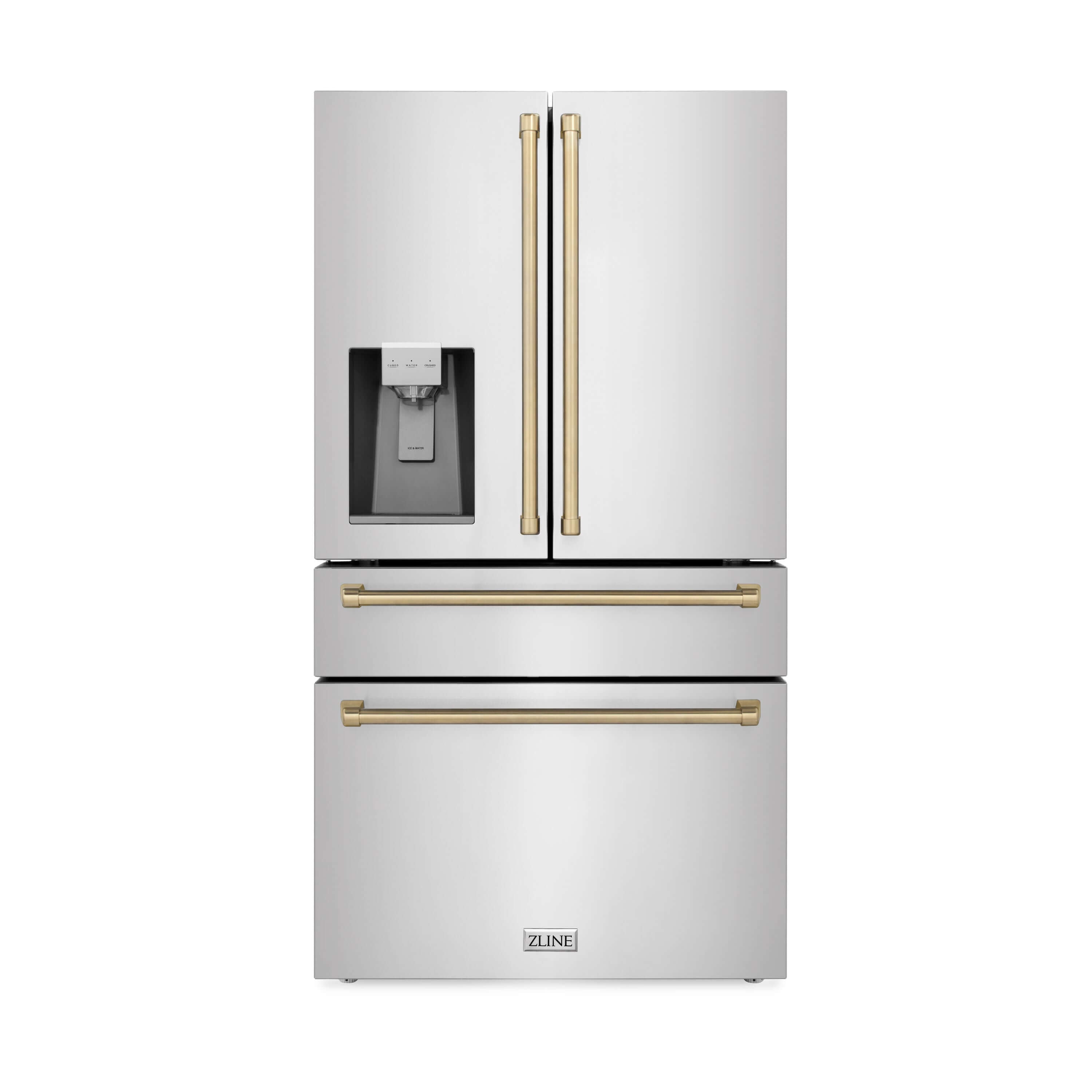 ZLINE Autograph Edition 36" French door Refrigerator with external water and ice dispenser and Champagne Bronze accents front.