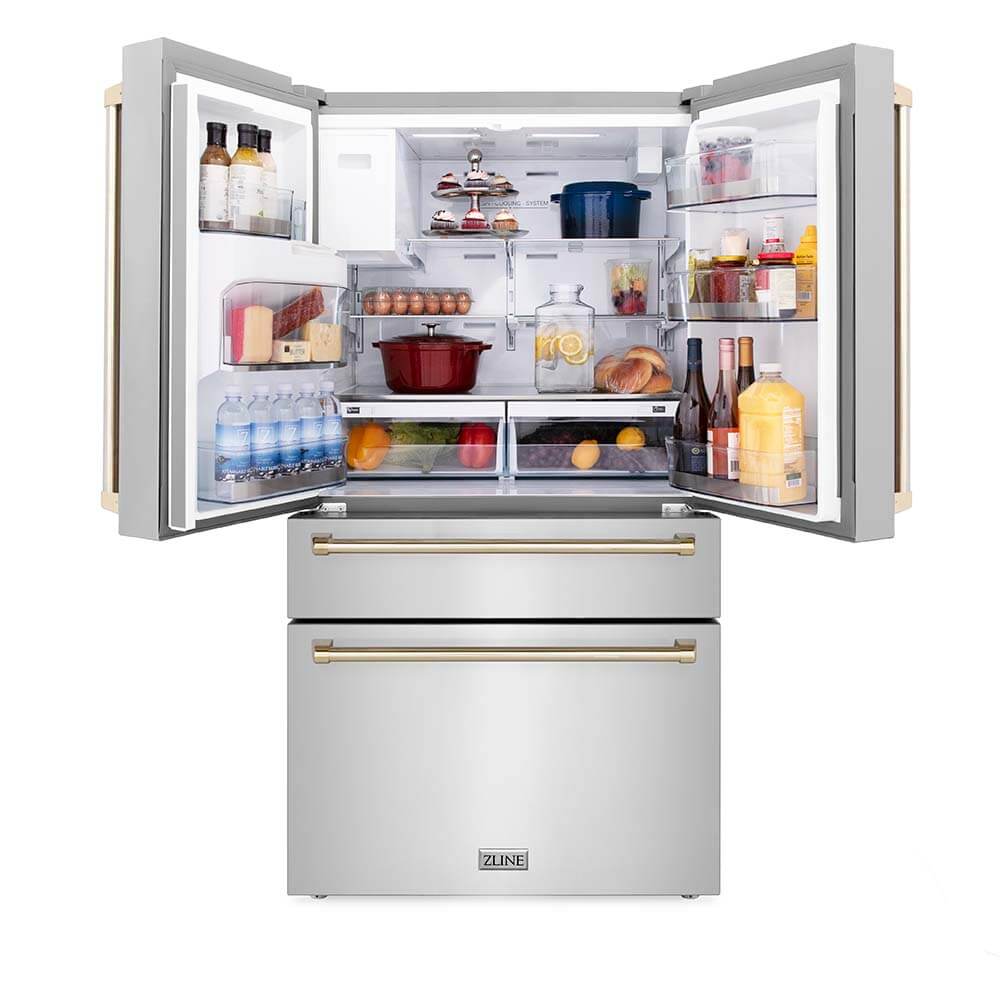 ZLINE 36 in. Freestanding French Door Refrigerator with doors open showing food inside illuminated by built-in LED lighting.
