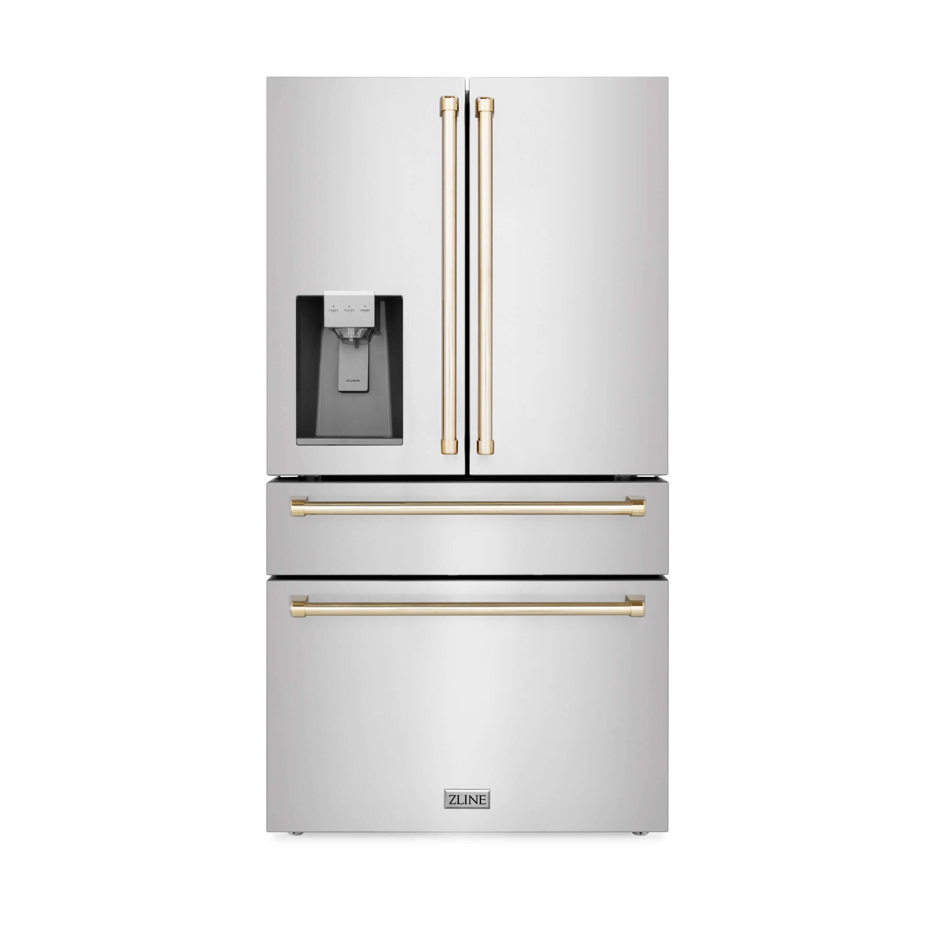 ZLINE Autograph Edition 30 in. Kitchen Package with Stainless Steel Dual Fuel Range, Range Hood, Dishwasher and French Door Refrigerator with External Water Dispenser with Polished Gold Accents (4AKPR-RARHDWM30-G)