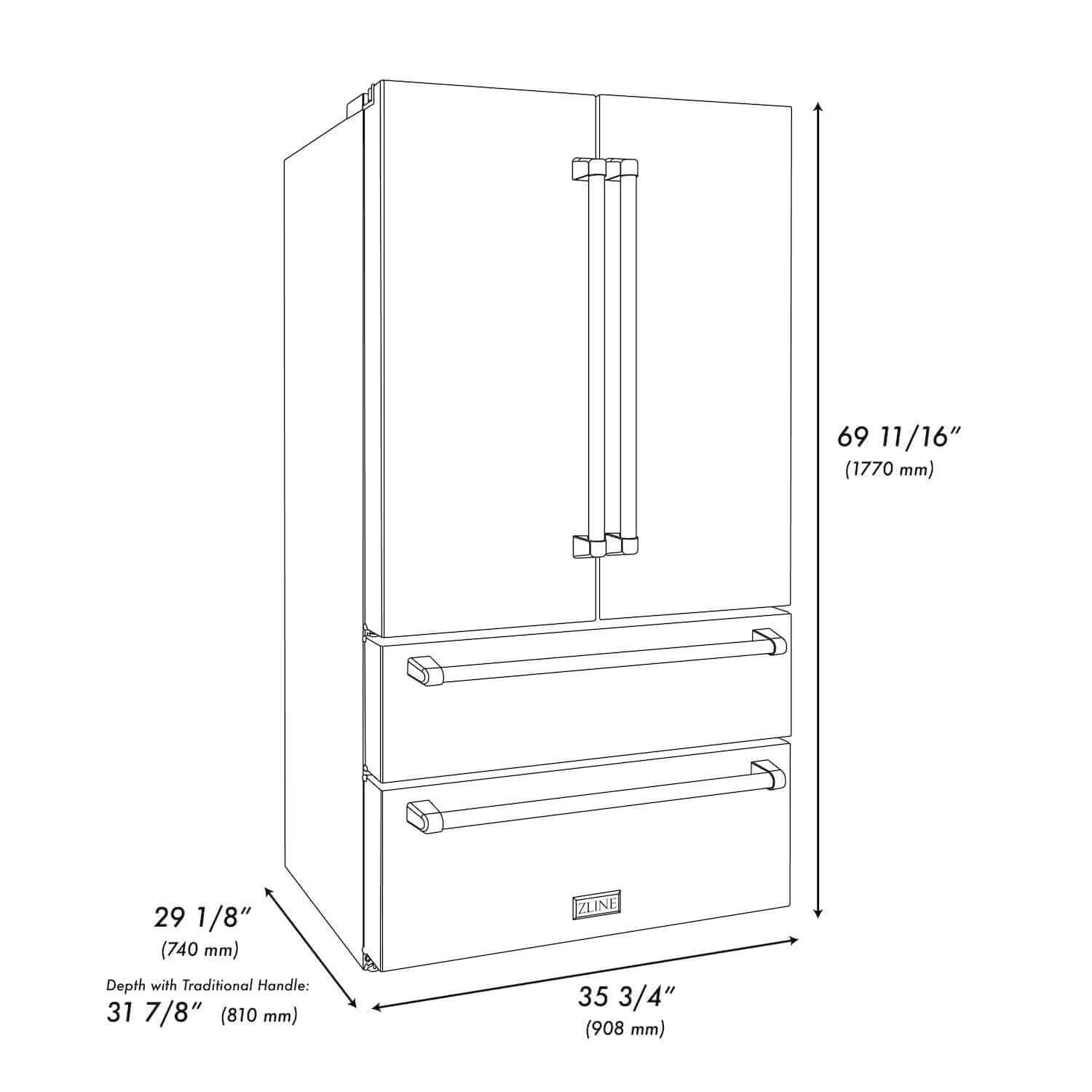 ZLINE 36" French door refrigerator (RFM-36) dimensional diagram.