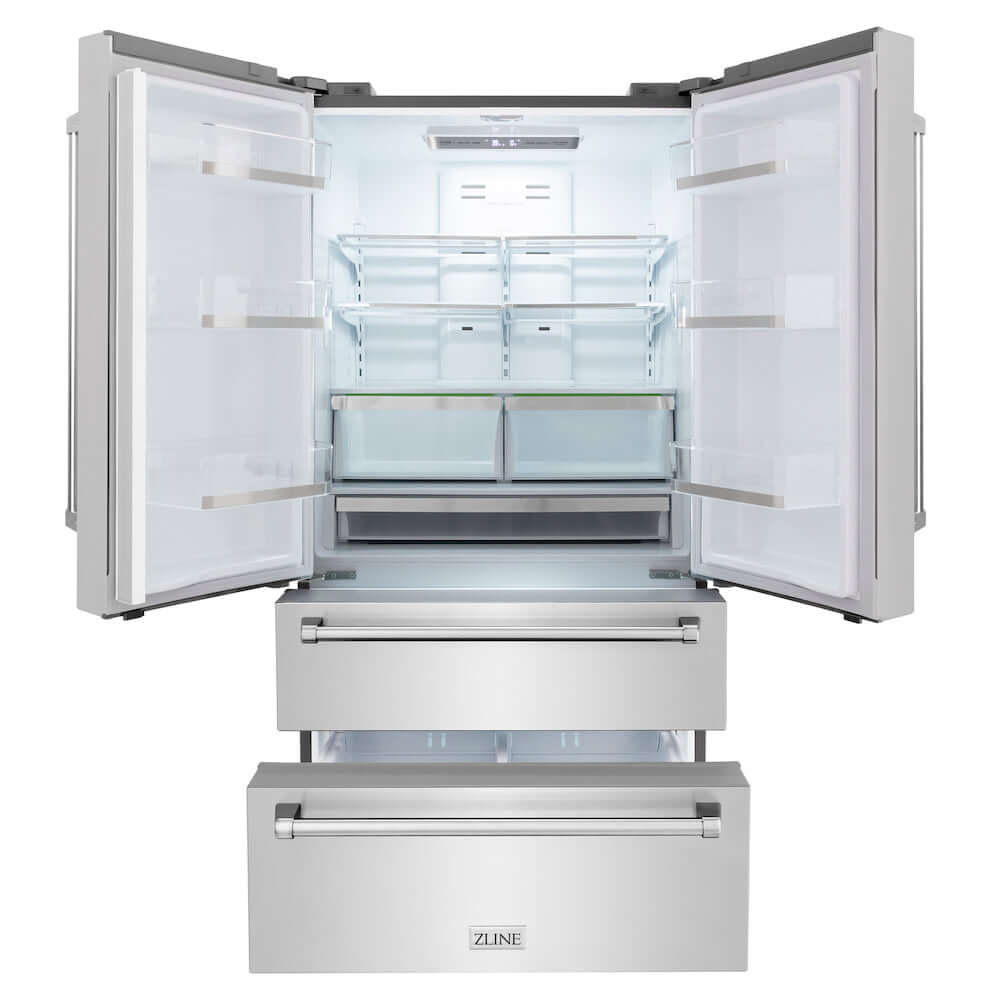 ZLINE 36 in. Freestanding French Door Refrigerator with Ice Maker in Fingerprint Resistant Stainless Steel (RFM-36) front, refrigeration compartment and bottom freezers open.