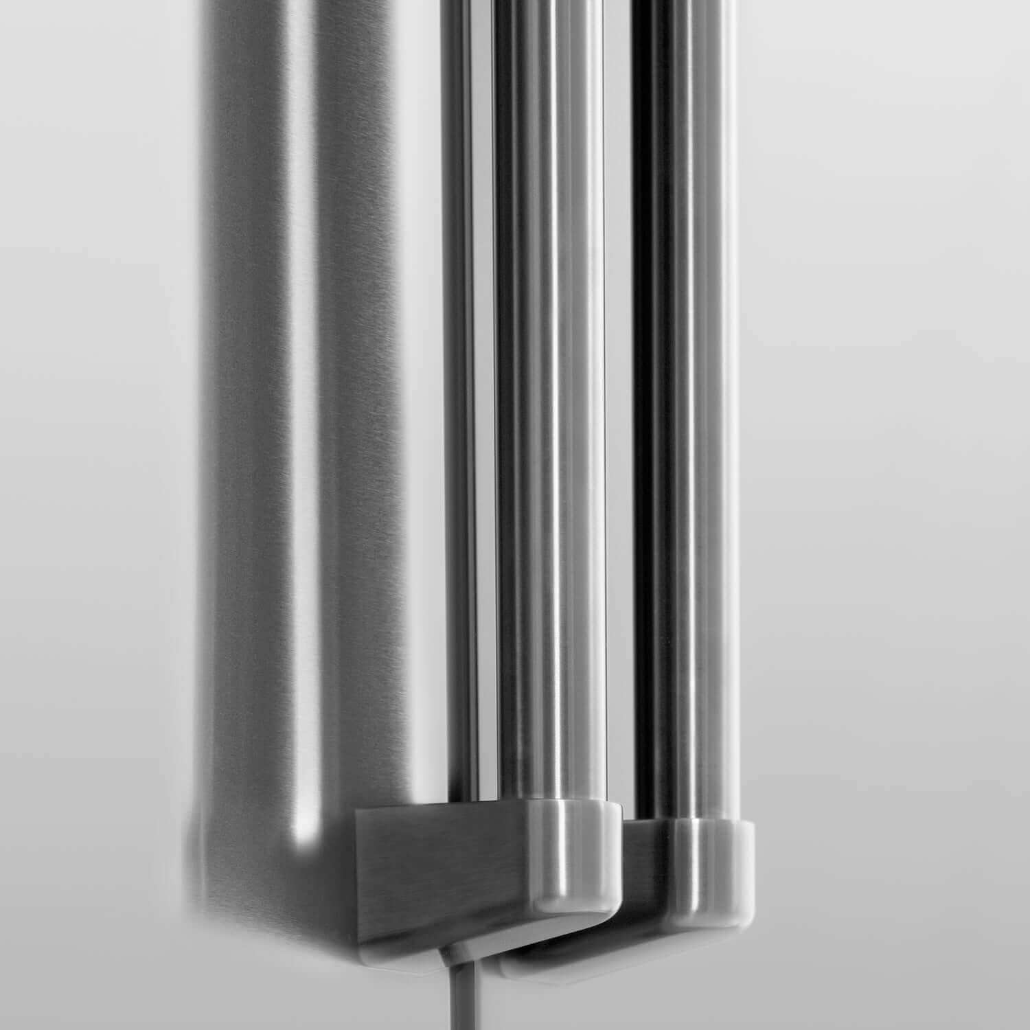 Stainless steel handles on ZLINE 36" French door refrigerator.