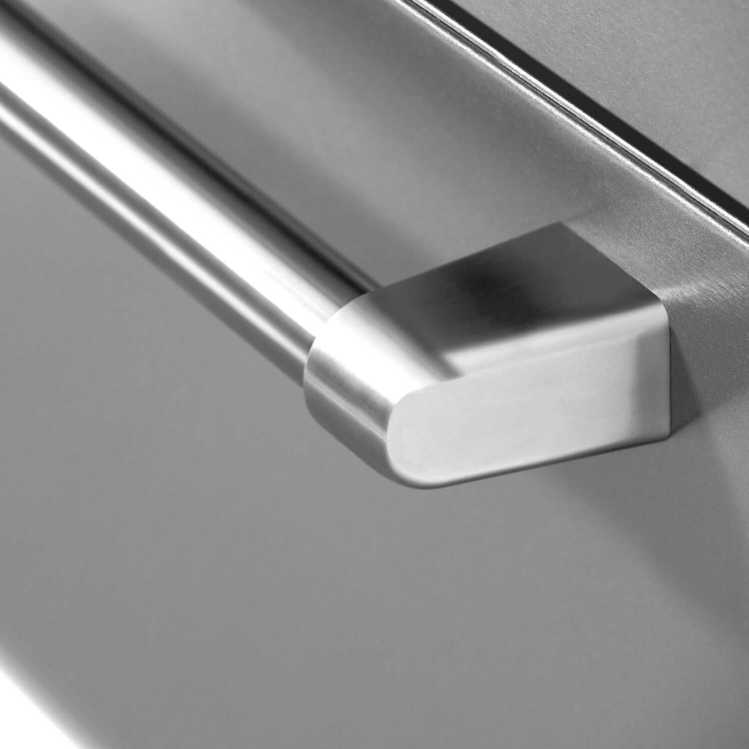 Stainless steel handle on bottom freezer drawer on ZLINE 36" French door refrigerator.