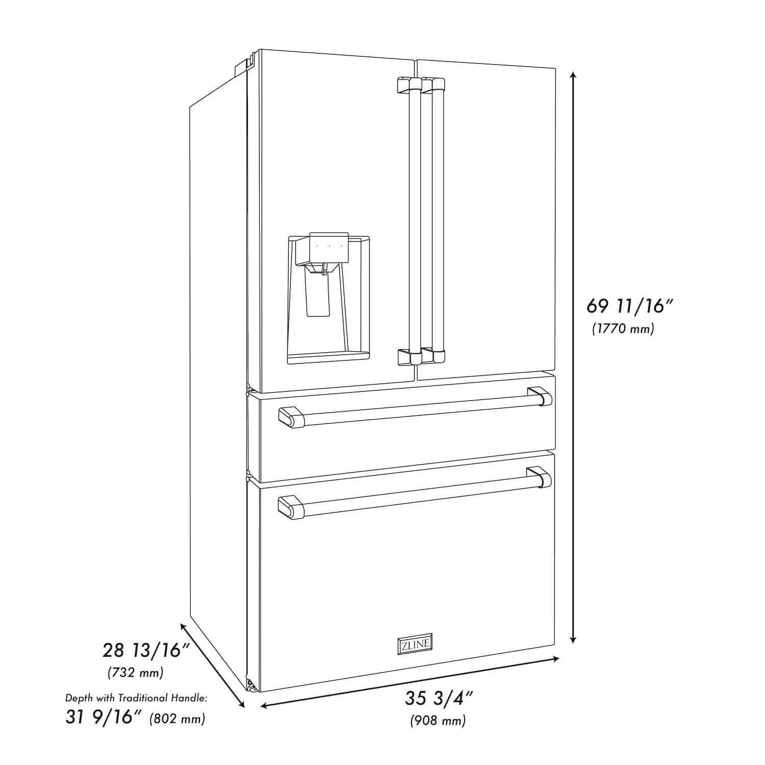 ZLINE 36" French door refrigerator (RFM-36) dimensional diagram.