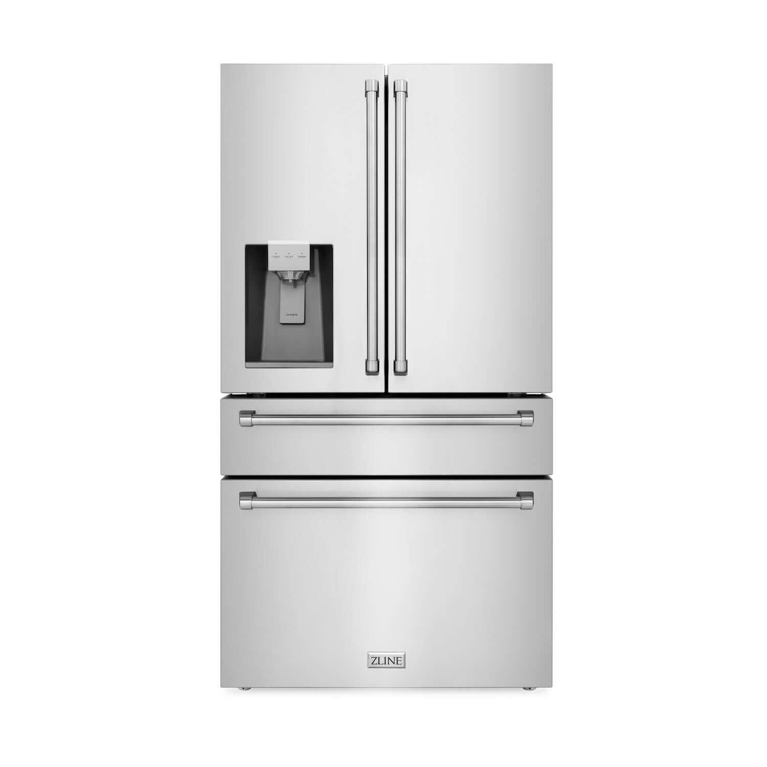 Front of ZLINE 36 in. Stainless Steel French Door Refrigerator with External Water and Ice Dispenser.