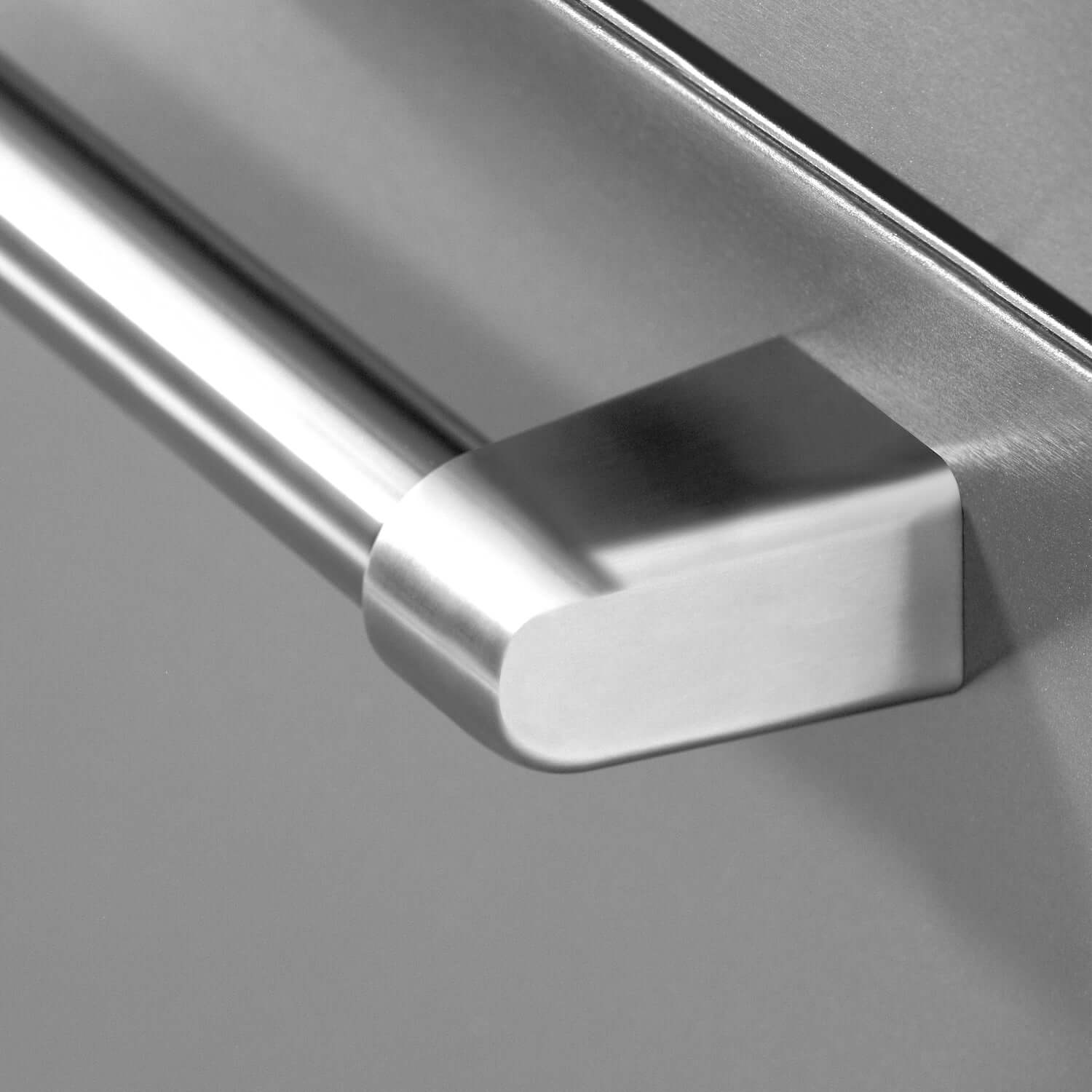 Stainless steel handle on bottom freezer drawer on ZLINE 36" French door refrigerator.