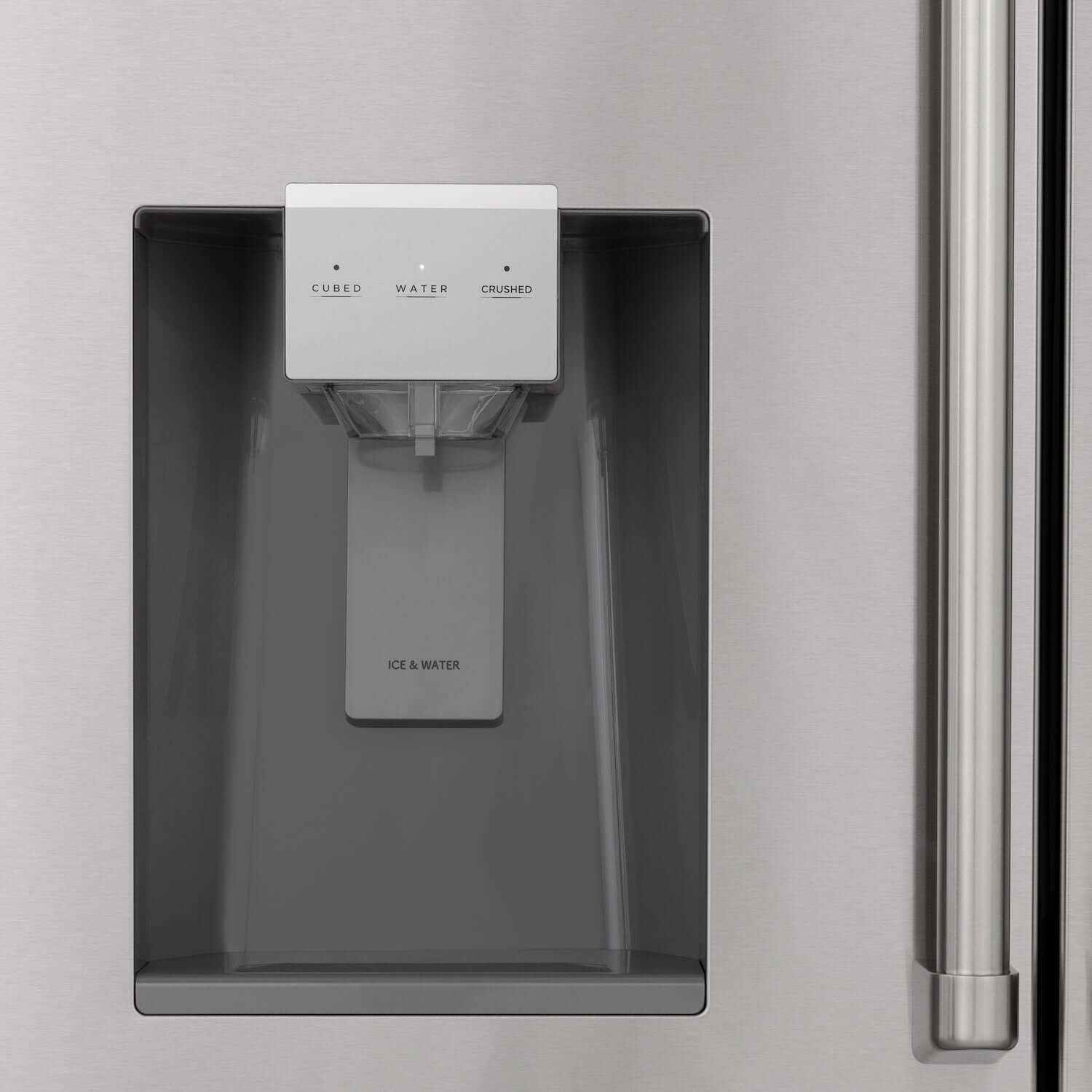 External water and ice dispenser on ZLINE 36" French door refrigerator.