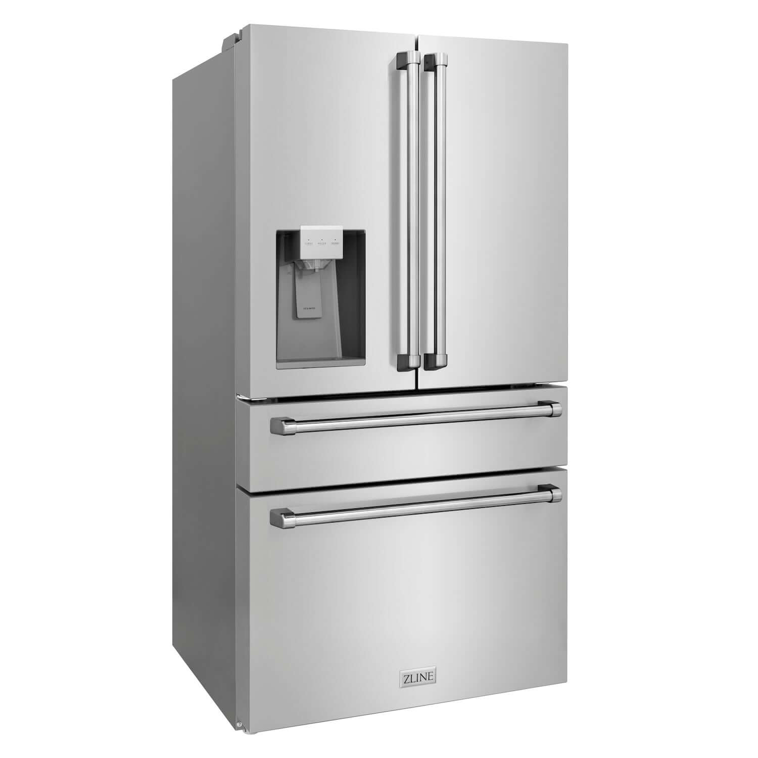 ZLINE 36" French door counter-depth refrigerator with water and ice dispenser side view.