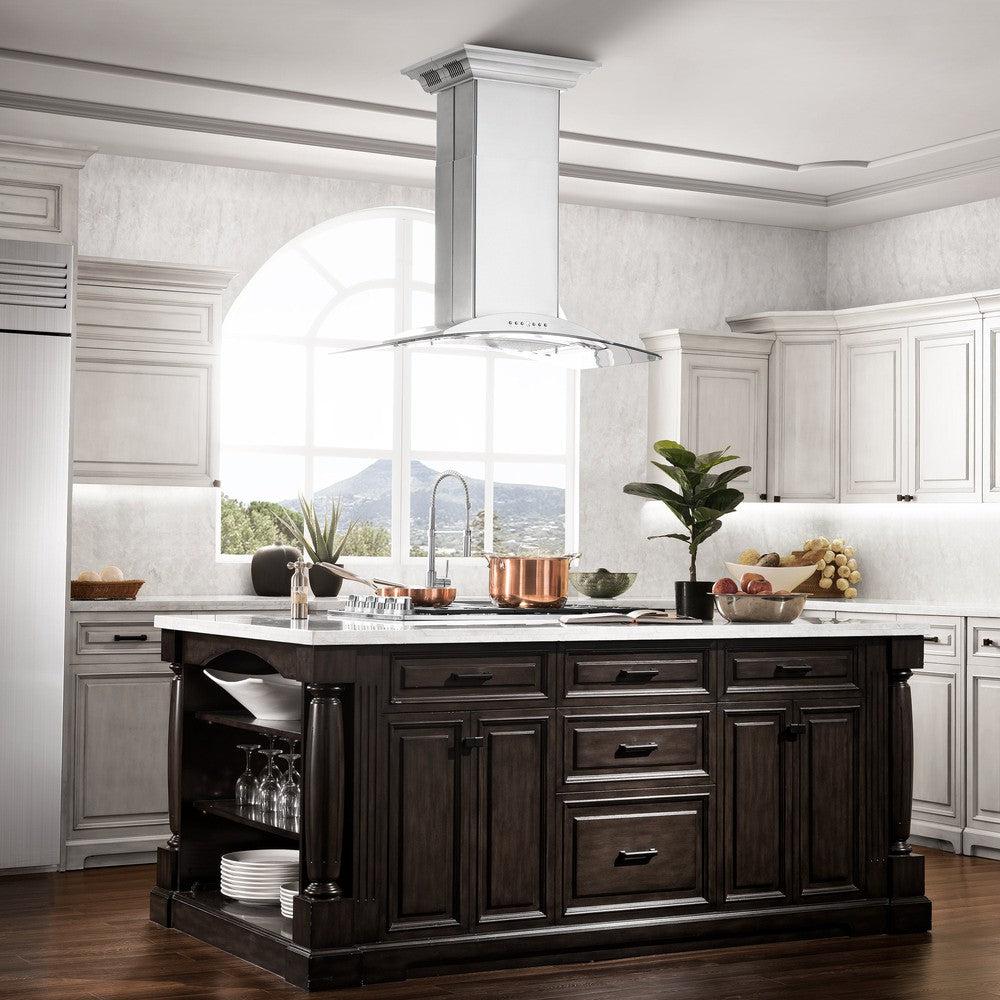 ZLINE Island Mount Range Hood in Stainless Steel with Built-in ZLINE CrownSound Bluetooth Speakers (GL9iCRN-BT) 
