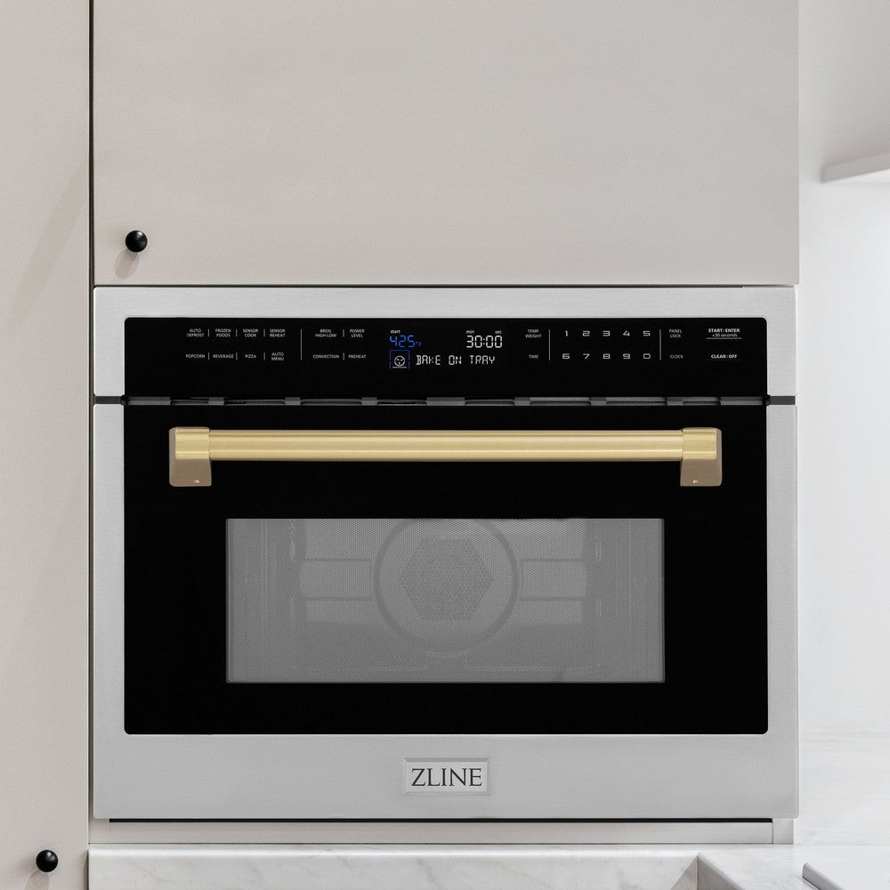 ZLINE Autograph Edition 24 in. 1.6 cu ft. Built-in Convection Microwave Oven in Stainless Steel with Champagne Bronze Accents (MWOZ-24-CB) Built-in to beige kitchen cabinets